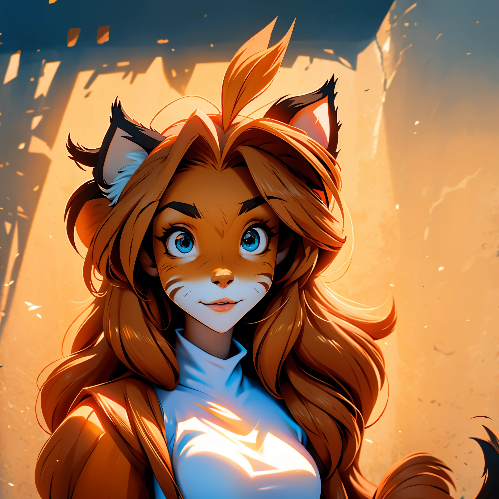 envision a 8k, highres, cinematic, detailed, semi realistic beautiful female anthro, Fox Girl, furry, long brown hair, (((Orange and White fur))), blue eyes, animal ears, animal tail, furry arms, furry legs, white fur on chest, brown animal nose, in dark lighting, against a dark background
