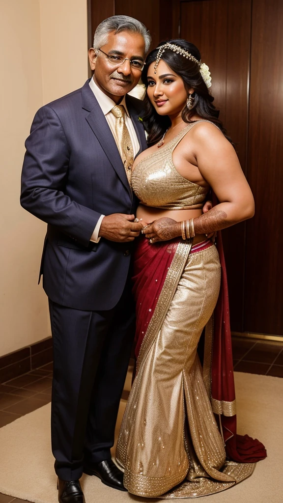 4 muscular very hary, handsome and attractive African man not wearing any shirt with sexy Indian married woman bit chubby wearing a Indian red ridal dress lengha cholli with gold jewellery and red bangles. The woman dress is wet. Both are hugging pose and there body is toward s the camera which is front. They are present on a satin bedsheet in a decorated room with rose, deep cleavage