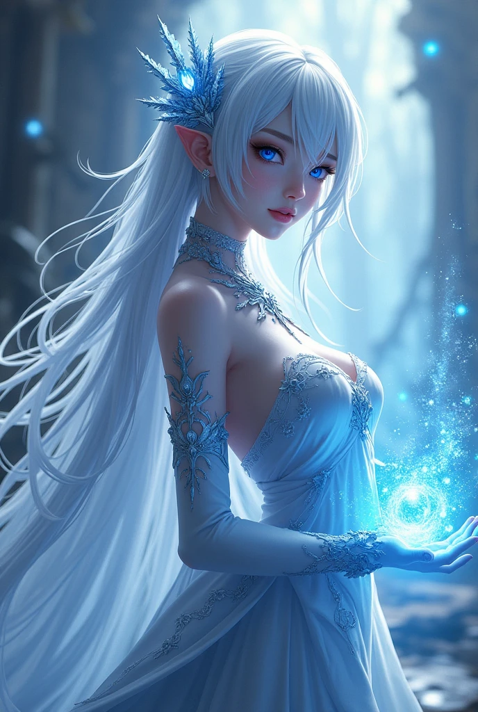 Beautiful elf in a white ballet dress、Blue Hair、White Face、Slitted blue eyes、Dancing on the ice in the Demon Forest、A mysterious white light enveloped her.、Mysterious fantasy painting、Light tones