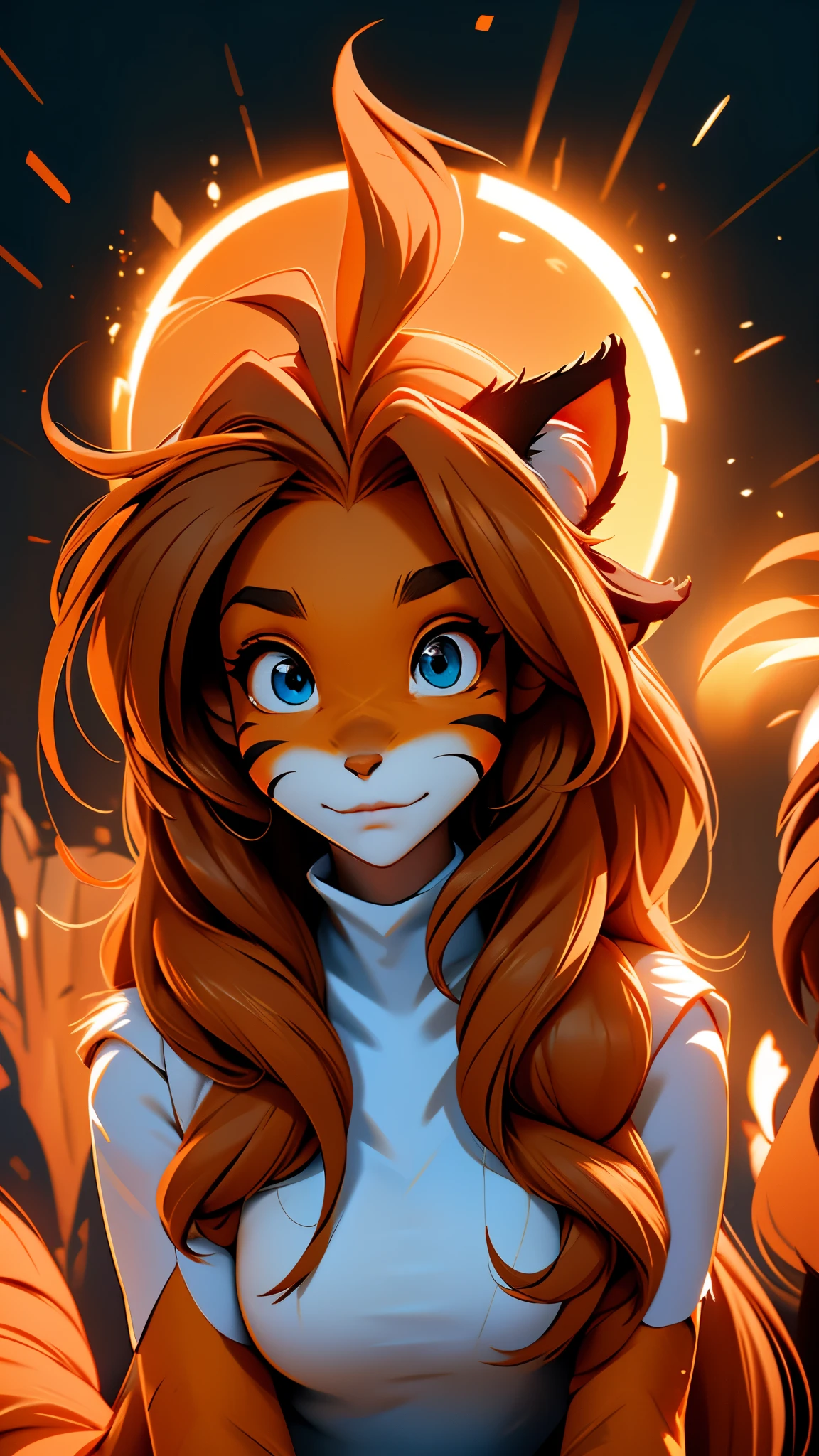 envision a 8k, highres, cinematic, detailed, semi realistic beautiful female anthro, Fox Girl, furry, long brown hair, (((Orange and White fur))), blue eyes, animal ears, animal tail, furry arms, furry legs, white fur on chest, brown animal nose, in dark lighting, against a dark background
