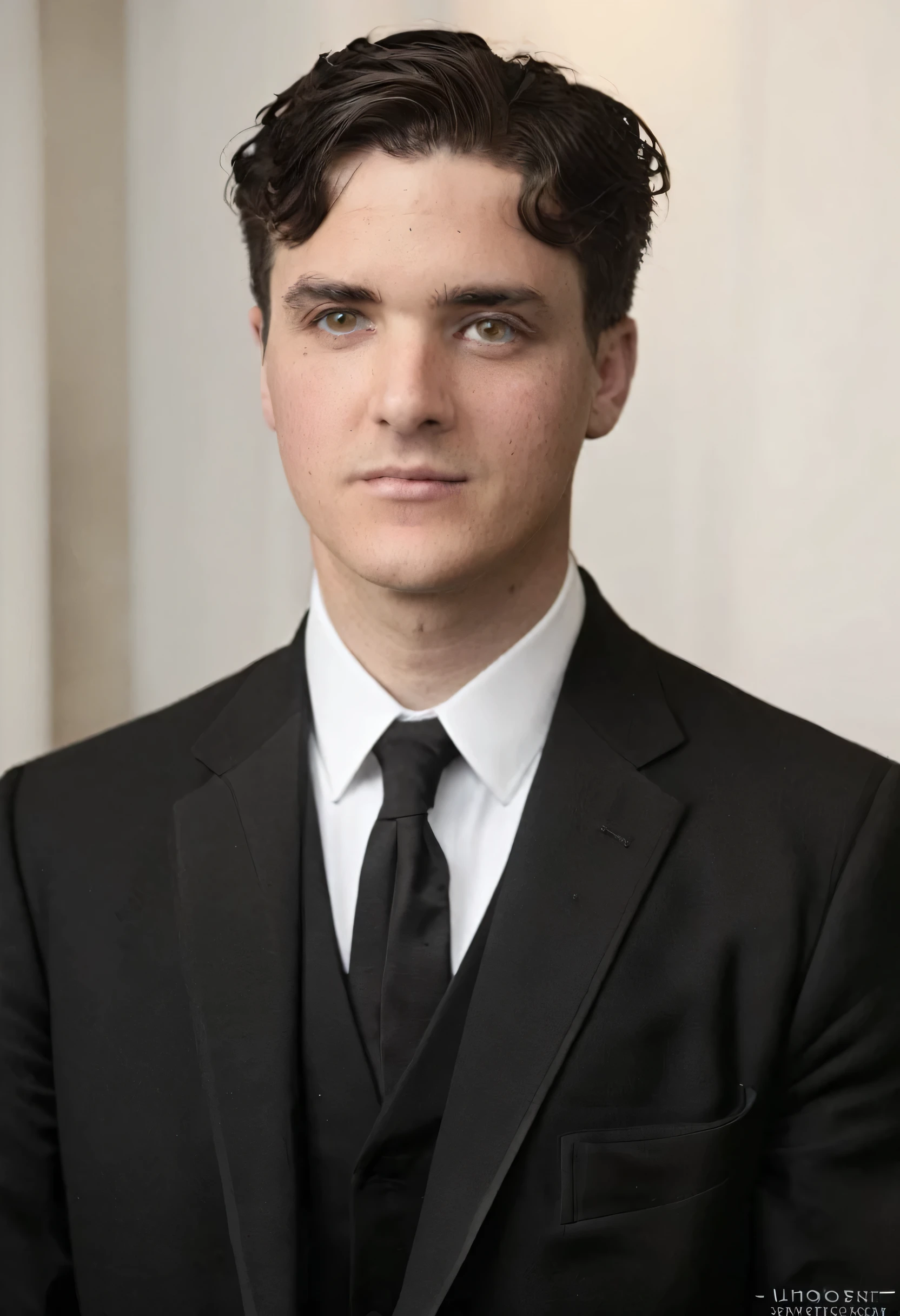 dark suit, white dress shirt, black tie, short straight hair, clean-shaven, indoor setting, soft lighting, neutral background, slight side pose, formal atmosphere