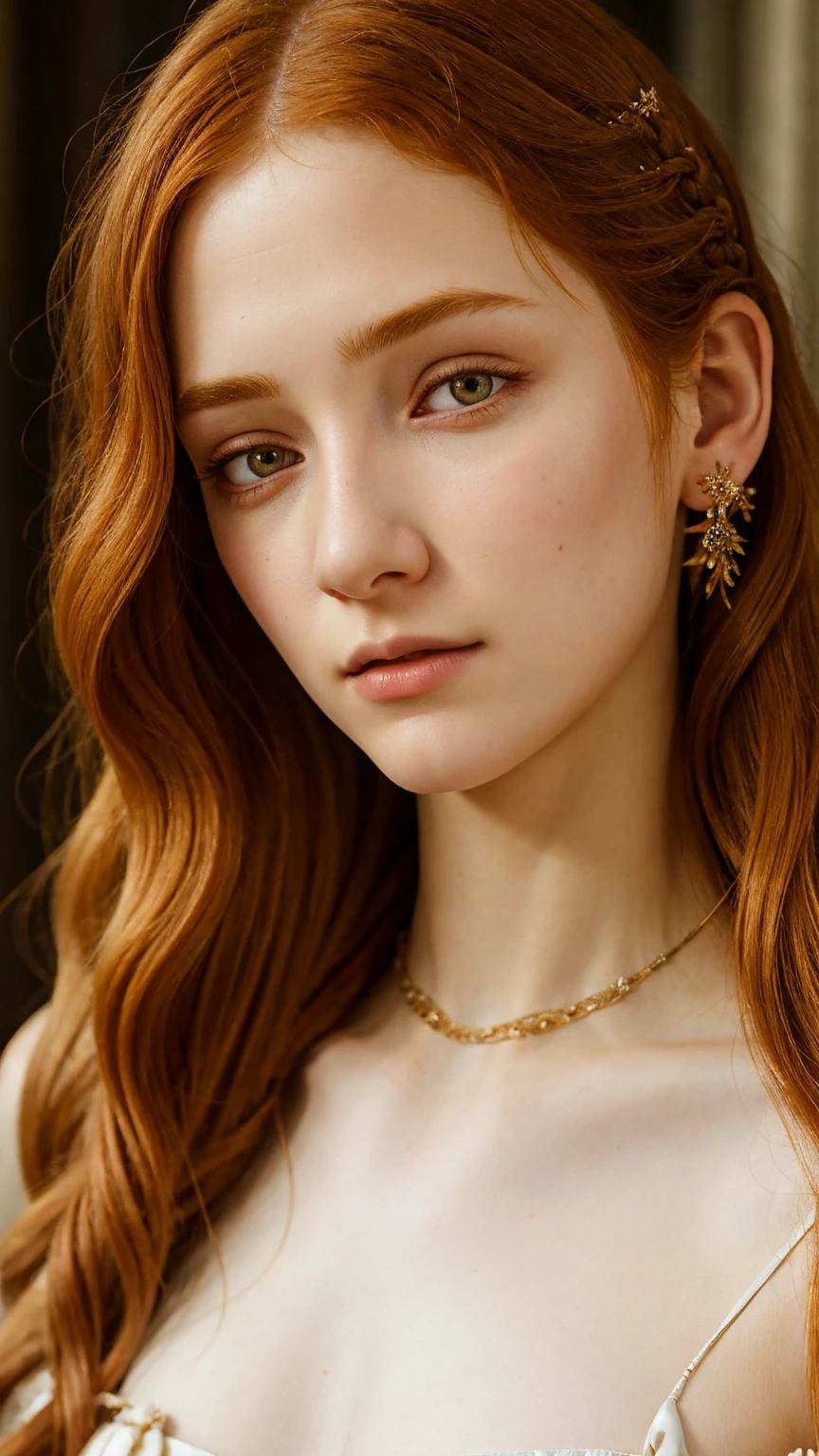 1girl, 18yo, formal clothes, fanciful braided ginger hair, detailed face, beautiful eyes, detailed nose and lips, long eyelashes, porcelain skin, serene expression, elegant posture, intricate floral dress, mid-shot, dramatic lighting, warm color palette, photorealistic, 8k, ultra-detailed, masterpiece,  full body