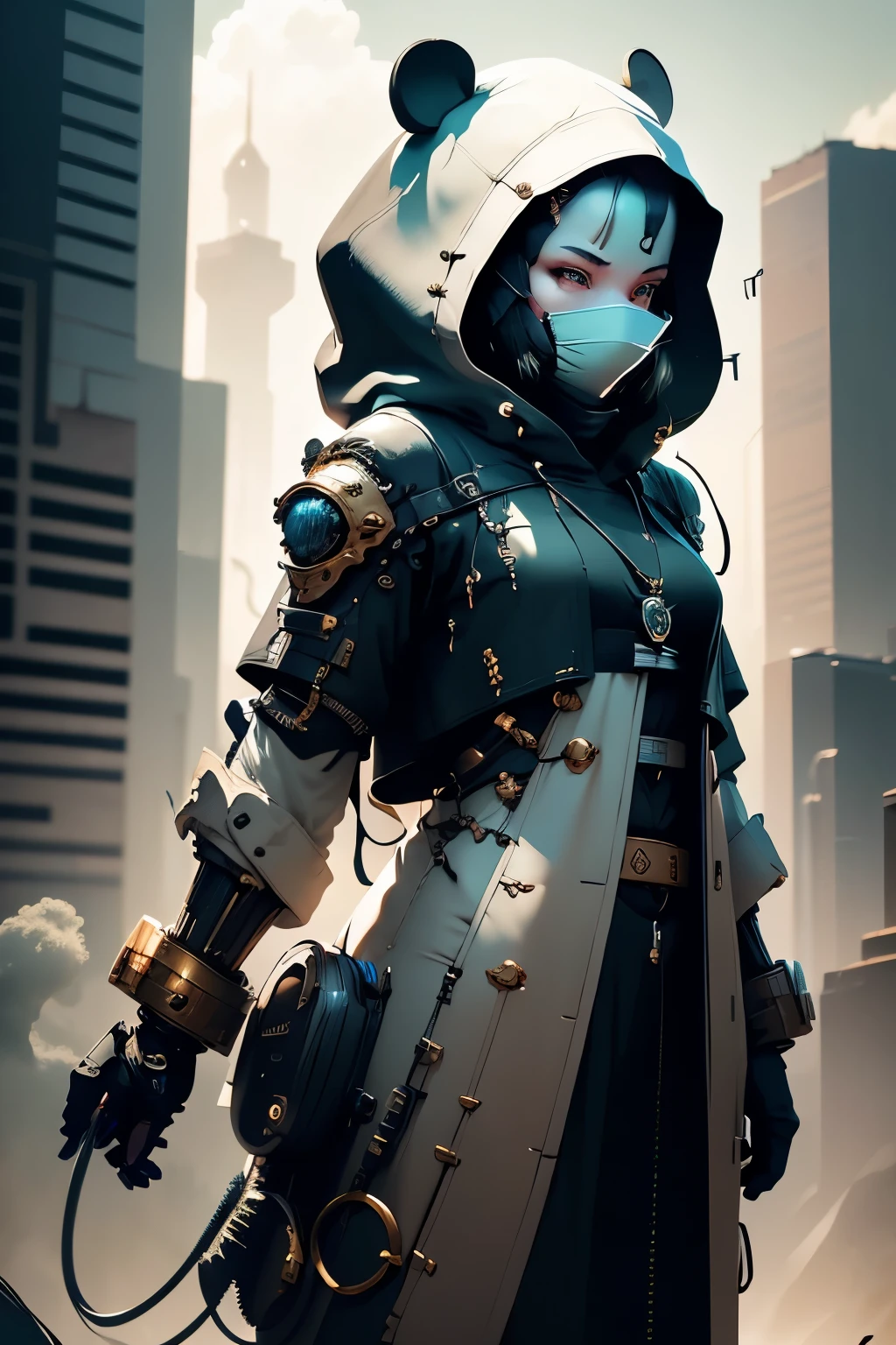 a half elephant half panda bear, standing in a lush green grassy field, angry, half elephant, hooded puffer jacket, gold chain, hip hop style, mechanical parts, robotic machine parts, drooling angry, blue and black, panda bear with long elephant trunk, black and blue, looking partially away, 3/4 view stance, axe in hand, huge elephant ears, android hybrid, light rain, wide fighting stance, muscular, glowing high tech watch on wrist, detailed texture, photorealistic, highly detailed, 8k, masterpiece, (best quality,4k,8k,highres,masterpiece:1.2),ultra-detailed,(realistic,photorealistic,photo-realistic:1.37),HDR,UHD,studio lighting,ultra-fine painting,sharp focus,physically-based rendering,extreme detail description,professional,vivid colors,bokeh,nature,wildlife,surreal,whimsical