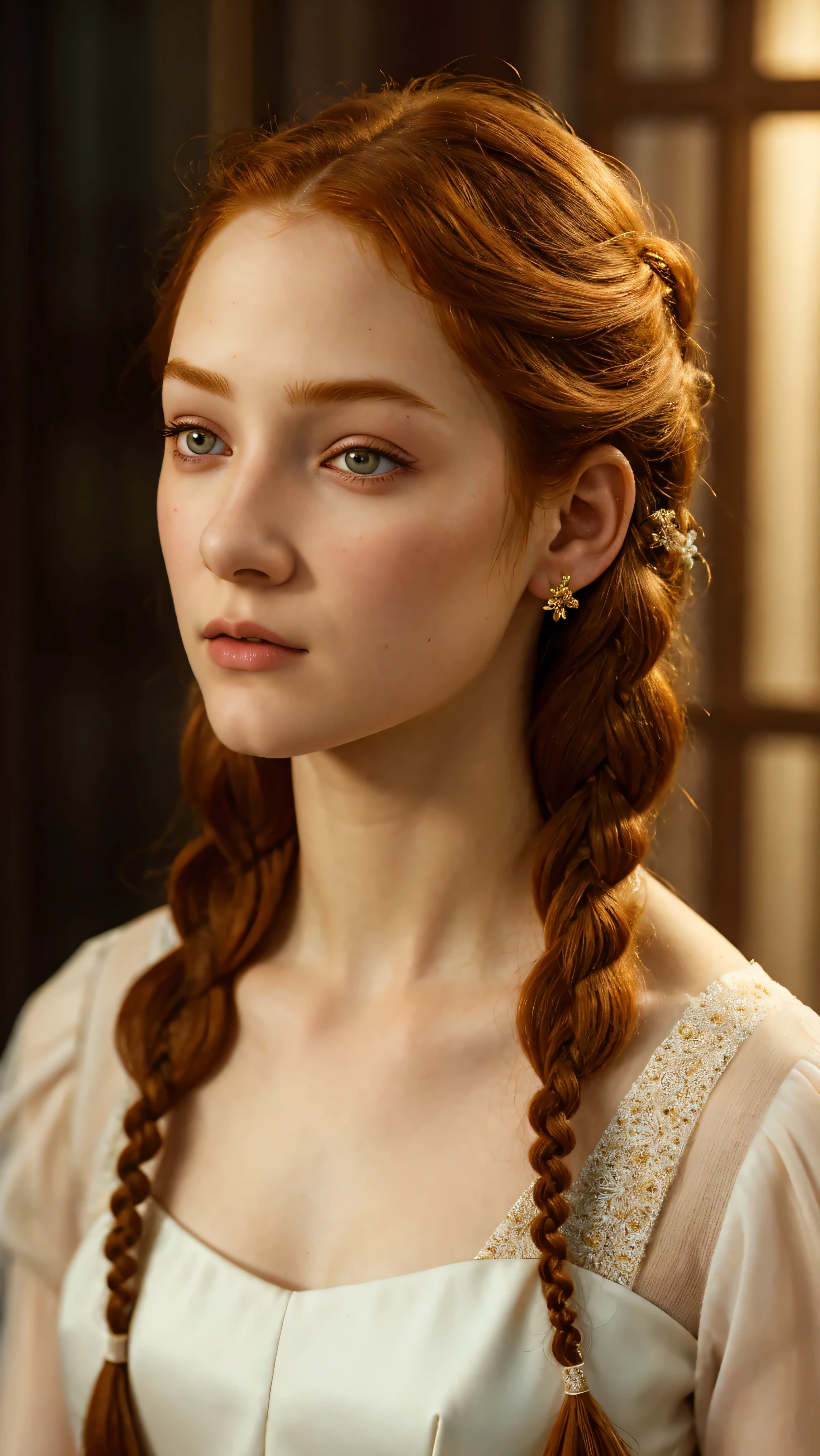 1girl, 18yo, formal clothes, fanciful braided ginger hair, detailed face, beautiful eyes, detailed nose and lips, long eyelashes, porcelain skin, serene expression, elegant posture, intricate floral dress, mid-shot, dramatic lighting, warm color palette, photorealistic, 8k, ultra-detailed, masterpiece,  full body