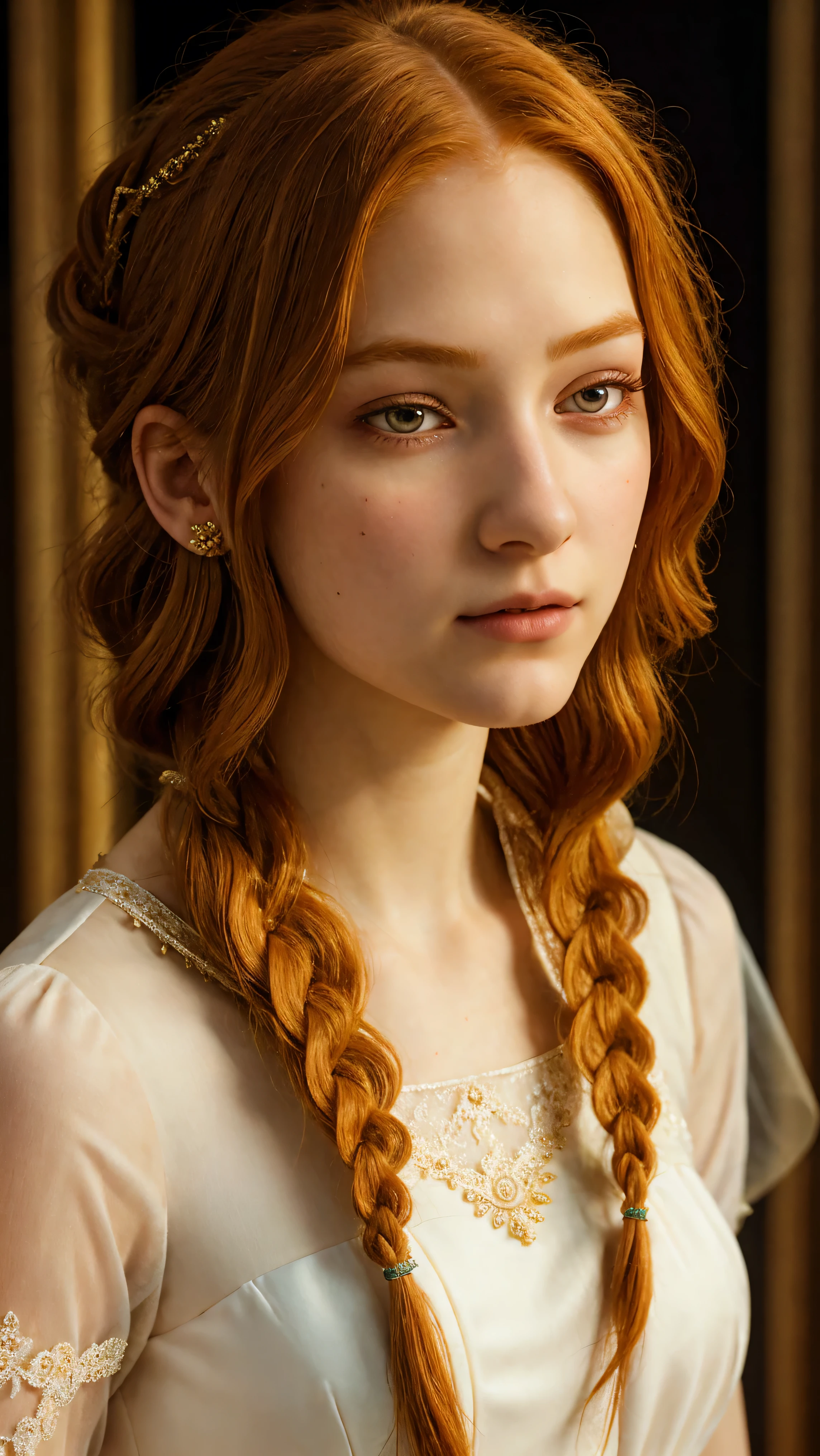 1girl, 18yo, formal clothes, fanciful braided ginger hair, detailed face, beautiful eyes, detailed nose and lips, long eyelashes, porcelain skin, serene expression, elegant posture, intricate floral dress, mid-shot, dramatic lighting, warm color palette, photorealistic, 8k, ultra-detailed, masterpiece,  full body