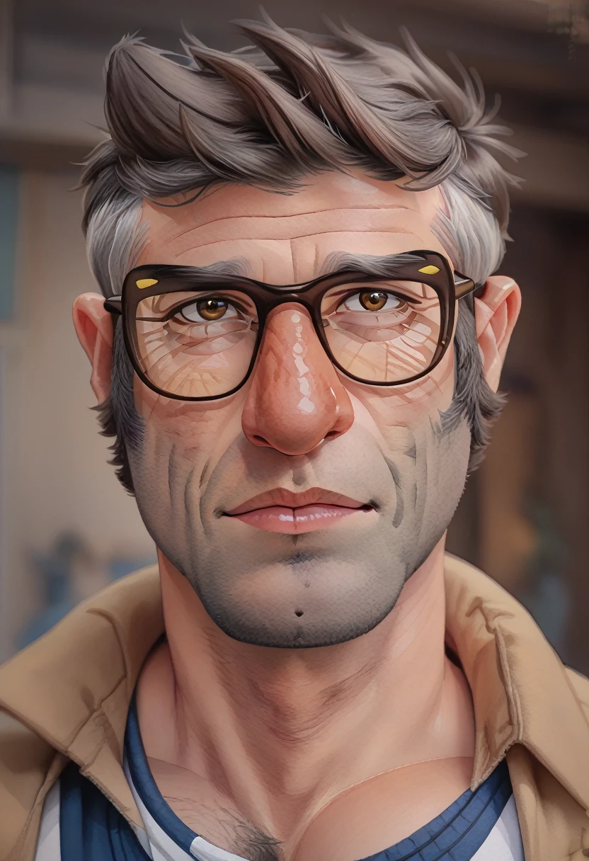 fordpines, 1boy, solo, male focus, mature male, old man, short hair, grey hair, brown eyes, thick eyebrows, glasses, black-framed eyewear, facial hair, stubble, sideburns,Abs,nsfw