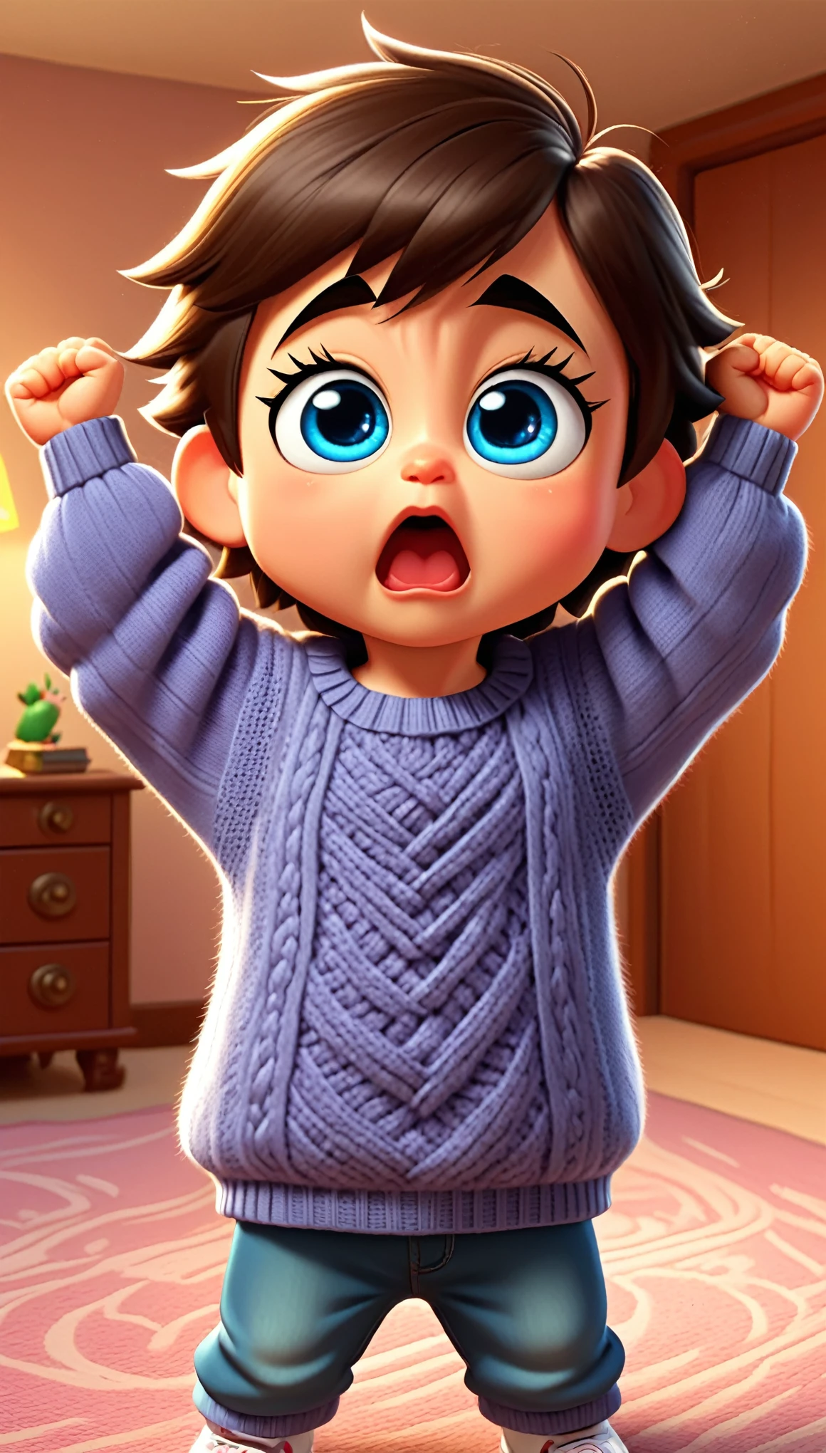 cute baby, cartoon , arms, hands ,cute eyes, looking at viewer, arms up, clothes, flawless, detailed room, cozy room, sweater, long clothes