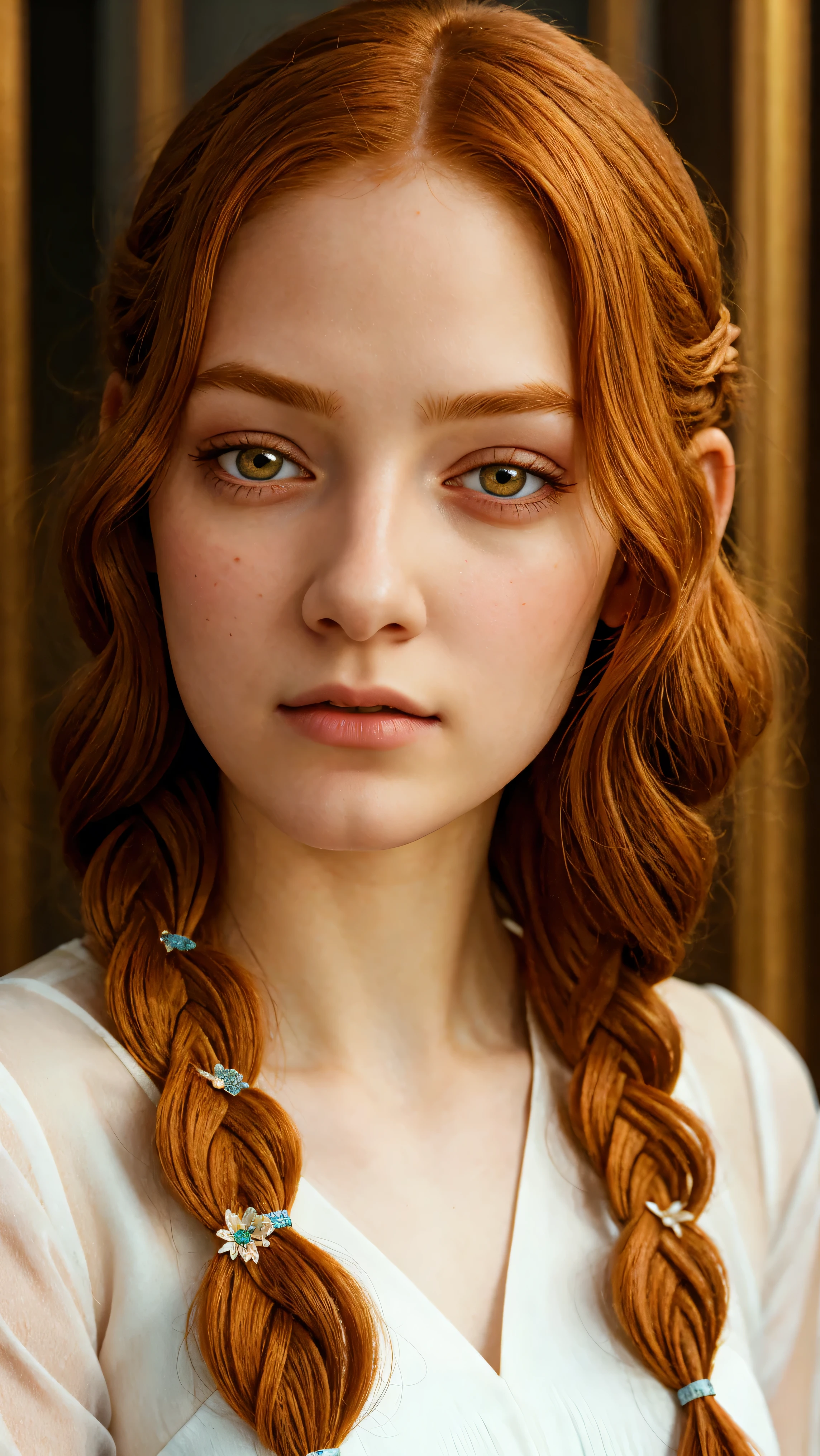 1girl, 18yo, formal clothes, fanciful braided ginger hair, detailed face, beautiful eyes, detailed nose and lips, long eyelashes, porcelain skin, serene expression, elegant posture, intricate floral dress, mid-shot, dramatic lighting, warm color palette, photorealistic, 8k, ultra-detailed, masterpiece,  full body