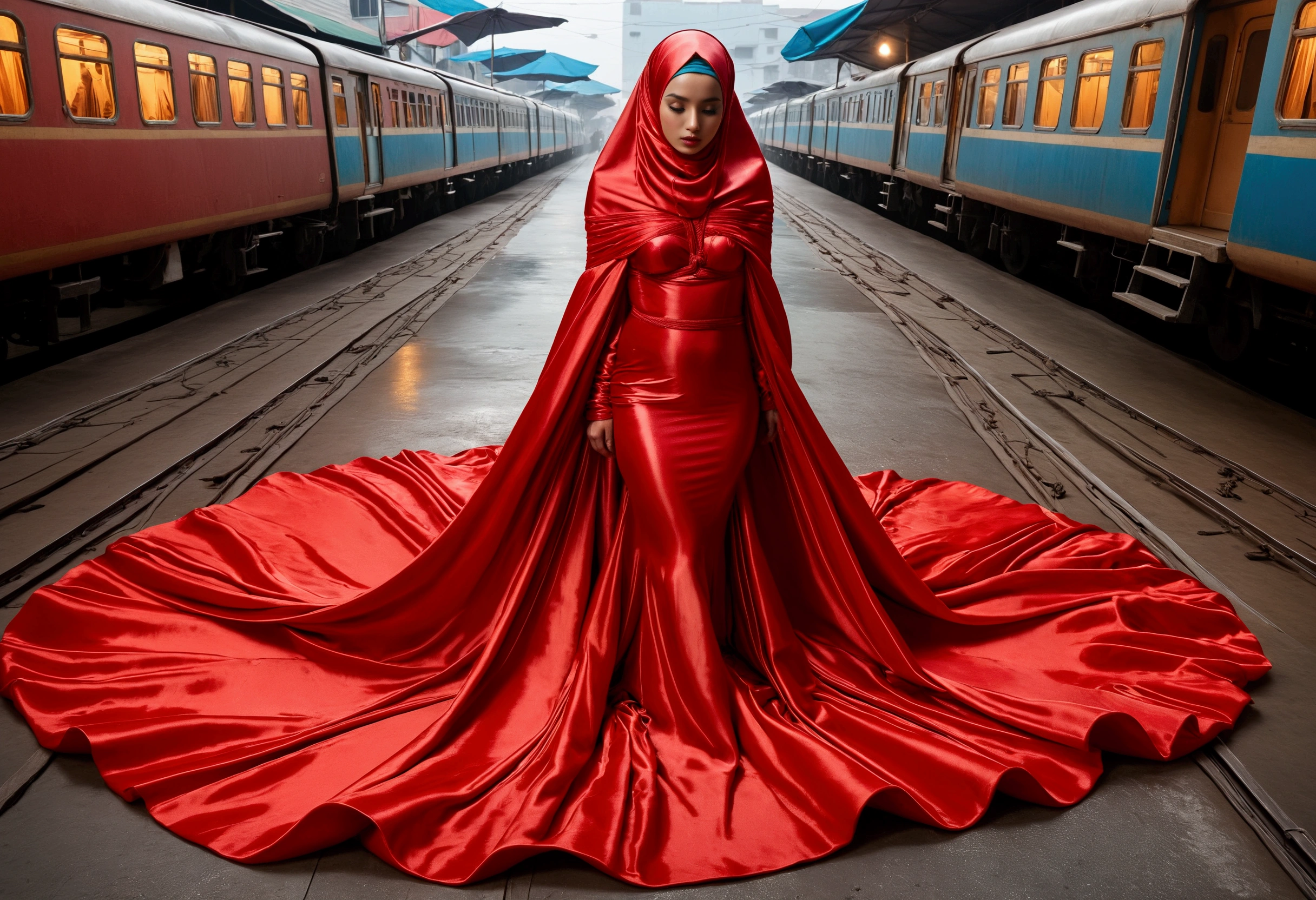 A woman shrouded in a 9-meter-long, plush red satin cloth, tightly bound and grandly draping along the form of her body, flowing off into a pooled floor-length train, styled in a mermaid-inspired outfit, her head modestly veiled in a satin hijab, 175 height woman, walk in wet traditional market, a full-body pose conveying a sense of elegance, captured in a 4k resolution, ultra-realistic