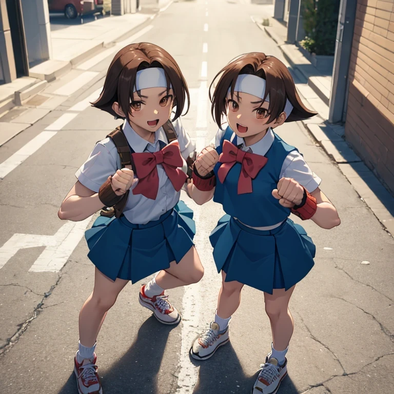 masterpiece, best quality, wakabahinata, headband, white shirt, bow, blue vest, pleated skirt, fingerless gloves, socks, sneakers, looking at viewer, standing, fighting stance, fists, furrowed brow, :D, from above, city street 