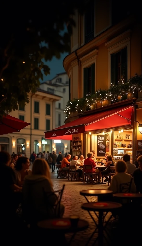 fotografía de una fachada de una coffee shop italiana en Roma, mesas fuera del la coffee shop con mesas y sillas, with many people, drinking coffee and eating sweet things, Poster of ""coffee shop"", very detailed is sunset, sunset colors, lighting fairy lights as decoration, beautiful decoration, decorative plants, busy street, cinematic lighting, masterpiece, HD, 8K photo realistic, hyper detailed the best photography