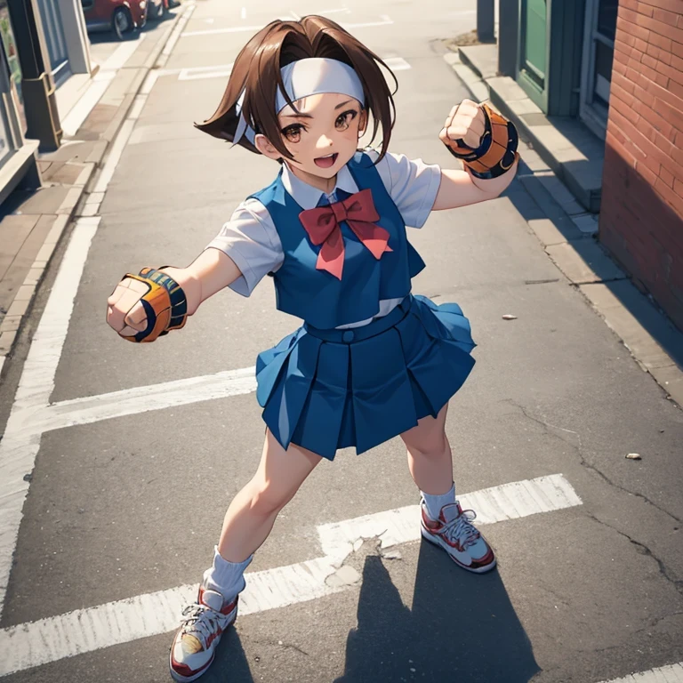 masterpiece, best quality, wakabahinata, headband, white shirt, bow, blue vest, pleated skirt, fingerless gloves, socks, sneakers, looking at viewer, standing, fighting stance, fists, furrowed brow, :D, from above, city street,one girl