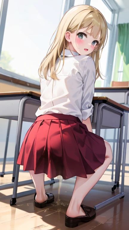 High resolution, Beautiful woman,Primary school students，With a young body，Brat， Attention to detail, Good lighting, Obscene, conversion, ((White button-up shirt)), ((Red mini skirt)), Bare thighs, Bare arms, (((Be incontinent))), (Pee), Peeの染み, (puddle), Thick thighs, Nice long legs, lipstick, Detailed face, Cute Face, Embarrassed and blushing face, Humiliated, ((classroom、on the desk、Yankee sitting)), (Squat), (Rear View),Stick your butt out