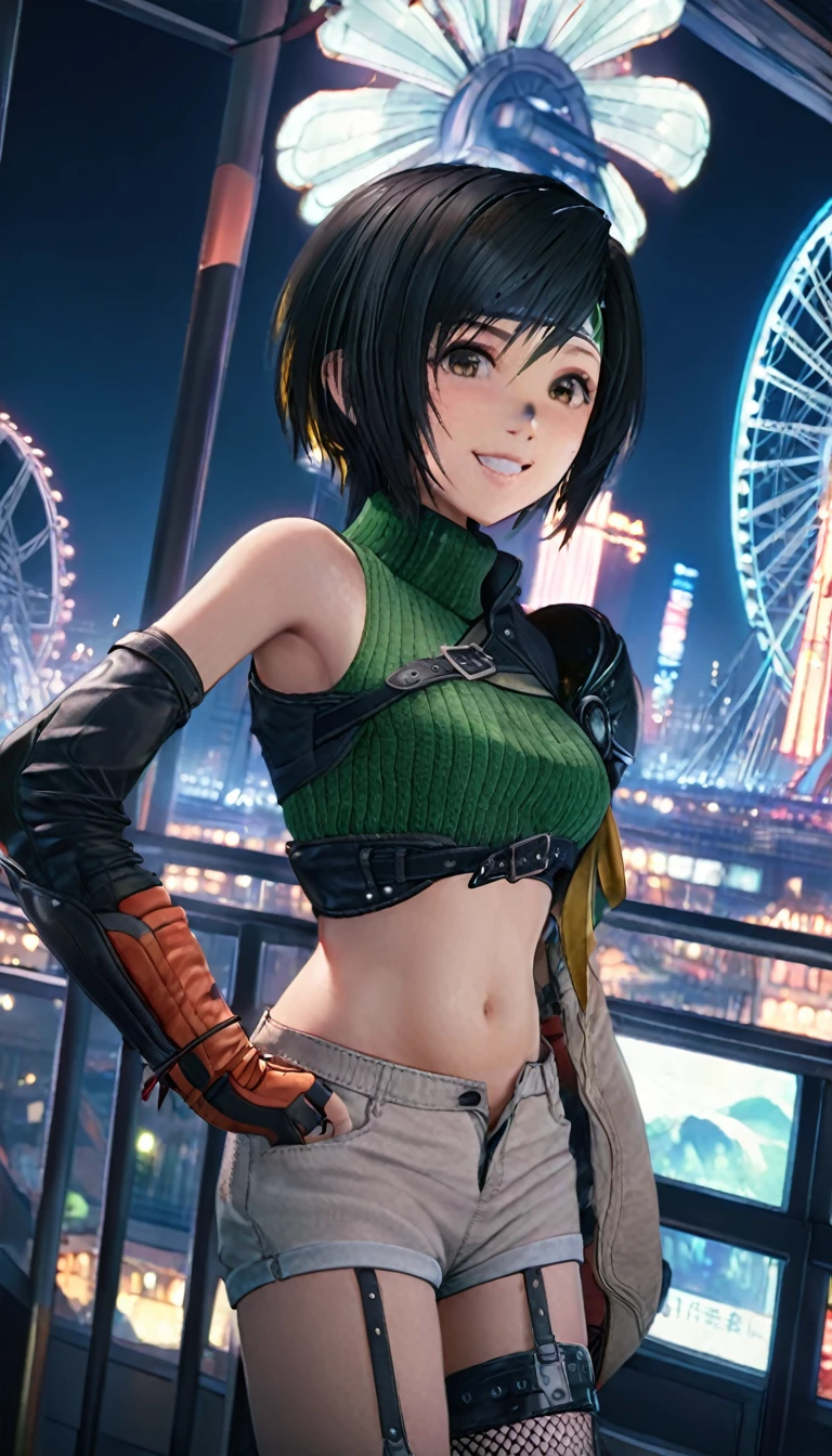 
(fireworkが打ち上がる)、(On the Ferris wheel at night)、(grin)、yuffie kisaragi, a distinctive character from the game world of Final Fantasy, 前かがみになって、顔を近づける、((上からのアングル)), 赤い頬、known for her black hair and brown eyes. She sports a short pixie cut and is dressed in a crop top, fingerless gloves, fishnet stockings and a forehead protector. Her style is unique with sleeveless turtlenecks and short shorts that expose her belly button. (チラッと見える赤いパンティ)、A headband completes her outfit, while single thigh-high socks and gloves complement her sleeves. Her look is completed with a sleeveless turtleneck and thigh highs. The depiction of Yuffie is presented as a masterpiece of the highest quality in an exceptionally high resolution of 8K. Her eyes are particularly highlighted, with beautiful, detailed features that enhance her hyper-realistic appearance. Both her face and body are extremely detailed, with every facet of her anatomy carefully crafted, including perfect hands and anatomy. The scene shows Yuffie in a typical cowboy shot, looking directly at the viewer. The image is placed indoors, with the lighting perfectly adjusted to bring out its details to the fullest. The overall presentation of the image is an homage to the character and his defining features, brought to life through the illustration in stunning quality and detail, kissing, (covered nipples), thighs, (On the Ferris wheel at night)、(firework)、