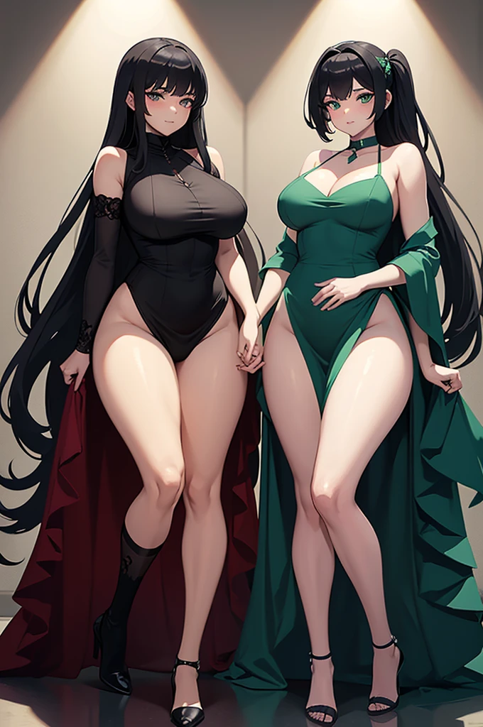 A pair of twins with big breasts and big asses dressed in dresses with a slit in the middle of the chest, the one on the left has a green dress with a small cut on one side to show her leg, the one in the middle is wearing a gray dress with a cut on the sides of the waist, posing for a photo, holding each other&#39;s waist, smiling. 