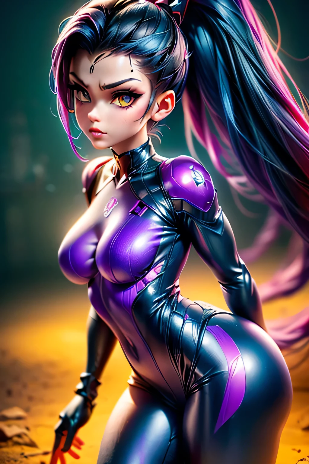 ((Best Quality)), ((Masterpiece)), (Detailed: 1.4), (Absurd), Full-body depiction of Widowmaker from Overwatch. She has a slender, athletic build with smooth, light blue skin. Her facial features are sharp and striking, with high cheekbones, piercing yellow eyes, and a cold, emotionless expression. Her lips are dark purple, giving her a dangerous and mysterious allure. Widowmaker's long, straight, deep purple hair is styled in a high ponytail that cascades down her face.

She wears a skintight, metallic purple and black bodysuit with armor plating in strategic places, showcasing her agility and lethality. The suit is designed with a high-tech, cybernetic aesthetic and glows faintly in some areas. Her chest and arms are adorned with black armor, and her right arm is equipped with a sniper gauntlet. Around her waist is a utility belt holding various tech.

Widowmaker’s most iconic accessory is the visor that covers her forehead, with glowing red sights that enhance her sniping abilities. She holds her signature sniper rifle, the Widow’s Kiss, which is sleek, black and futuristic, ready to strike from afar. The background shows a futuristic city skyline at night, bathed in neon lights, emphasizing its, by mucha, niji --V5, almost real, sexy pose, fractal background, pastel, centered, scale to fit dimensions, HDR (High Dynamic Range), Ray Tracing, NVIDIA RTX, Super Resolution, Unreal 5, Subsurface Scattering, PBR Texture, Post-processing, anisotropic filtering, depth of field, maximum clarity and sharpness, multi-layer textures, albedo and specular maps, surface shading, accurate simulation of light-material interaction, perfect aspect ratio, octane rendering, two-tone lighting, wide aperture, low ISO, white balance, rule of thirds, 8K RAW, Crysisnanosuit