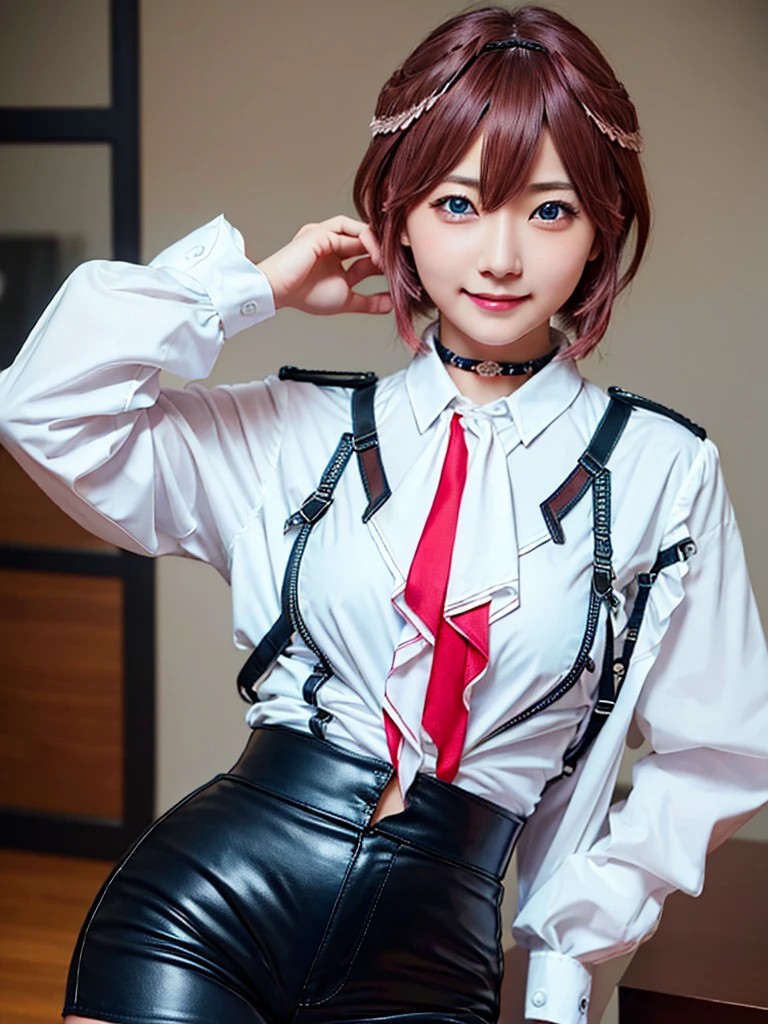 masterpiece、Highest quality、Highly detailed face、Highly detailed eyes、Highly detailed background、Perfect lighting、Sexy Woman、solo、Rui Takamine、whole body、White shirt、hair band、choker、Red tie、Black shorts、Mid-chest、blue eyes、pantyhose、Grin、