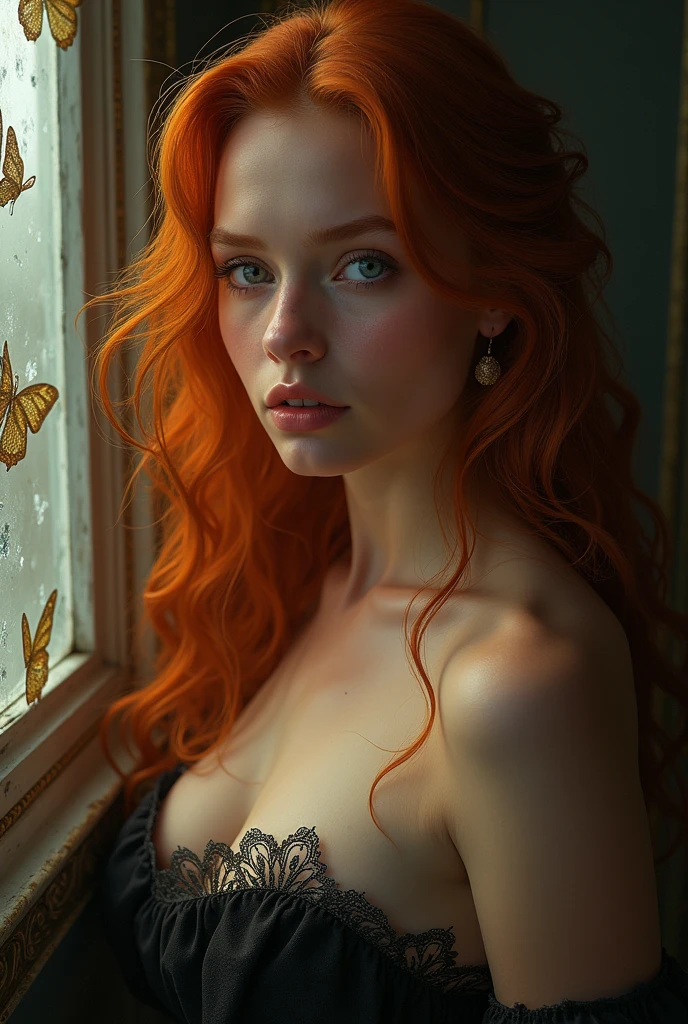 (solo, full body photo:1.3), (action packed:1.3), (haze, fog, mist:1.3), chiaroscuro, best quality, photorealistic, 1woman, (cute), (24yo:1.2), redhead, long ginger hair highly detailed, 1700'S, digital photography, art by artgerm and ruan jia and greg rutkowski surreal painting gold butterfly filigree, broken glass, (masterpiece, sidelighting, finely detailed Fashionable eyes: 1.2) (perfect oval large eyes that gazes at the viewer), beautiful detailed face, blue gorgeous perfect eyes, (blonde hair ponytail), (attractive young woman:1.3), (thick amazing hair), (seductive:1.1), (blushing:1.1)