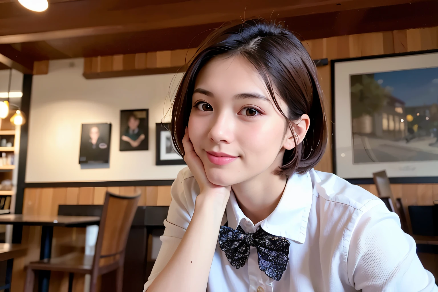 (8k, RAW photo, best quality, masterpiece:1.2), (realistic, photo-realistic:1.37), ultra-detailed, depth of field, 1 girl,cute, solo,beautiful detailed sky, detailed cafe, morning, sitting, dating, (nose blush), (smile:1.1), (closed mouth), medium breasts, beautiful detailed eyes, (collared shirt:1.1), bowtie, pleated skirt, (short hair:1.2), floating hair