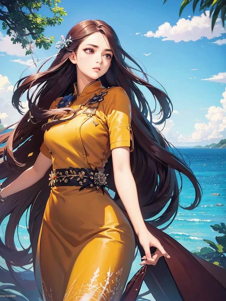 a girl with long hair flowing in the wind, beautiful detailed eyes, beautiful detailed lips, extremely detailed face, longeyelashes, serene expression, outdoors, wind blowing, natural lighting, cinematic, fantasy, dreamlike, vibrant colors, warm color palette, highly detailed, 8k, hyper realistic, masterpiece, concept art