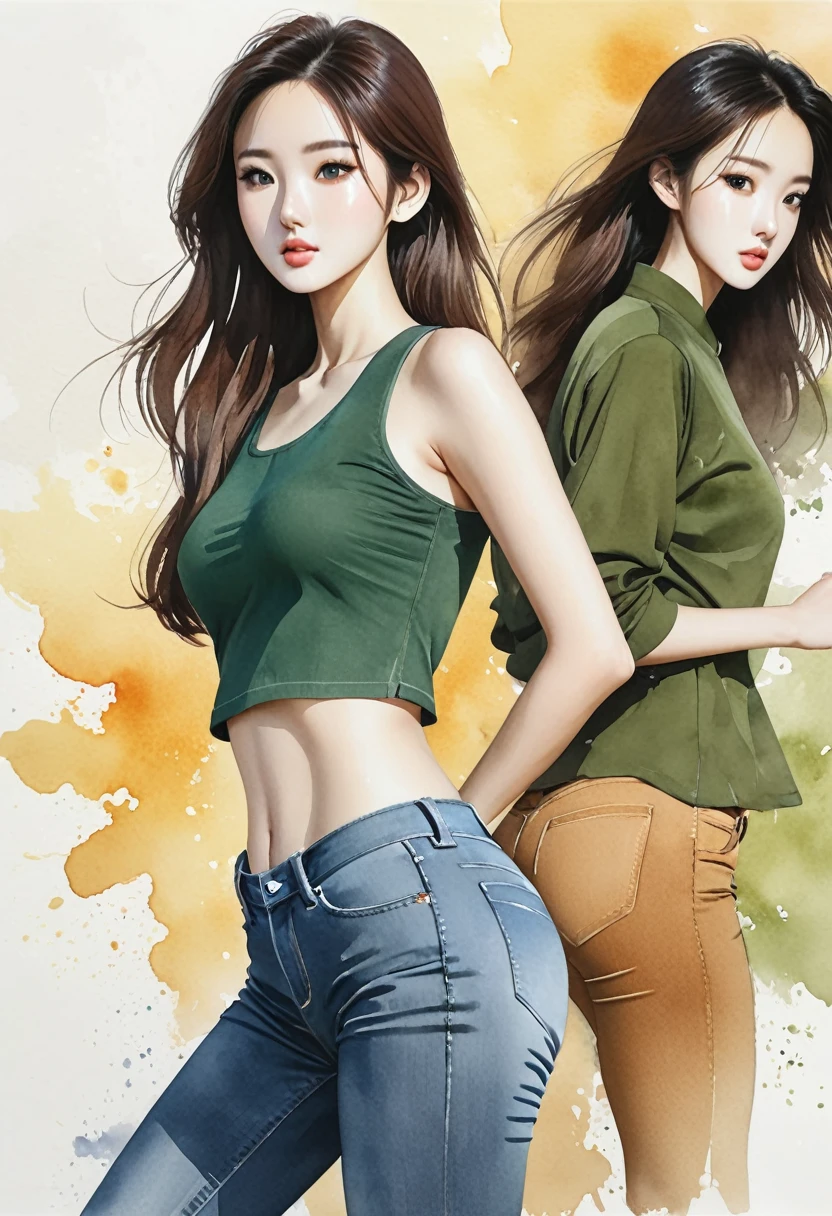 araffe asian woman in a green top and jeans posing for a picture, a picture inspired by Wang Meng, tumblr, fantastic realism, gorgeous chinese model, close up to a skinny, 2  female model, sexy body, tall thin beautiful goddess, sexy hot body, korean girl, soft curvy shape, brown hair and a perfect body,(((Watercolor))))