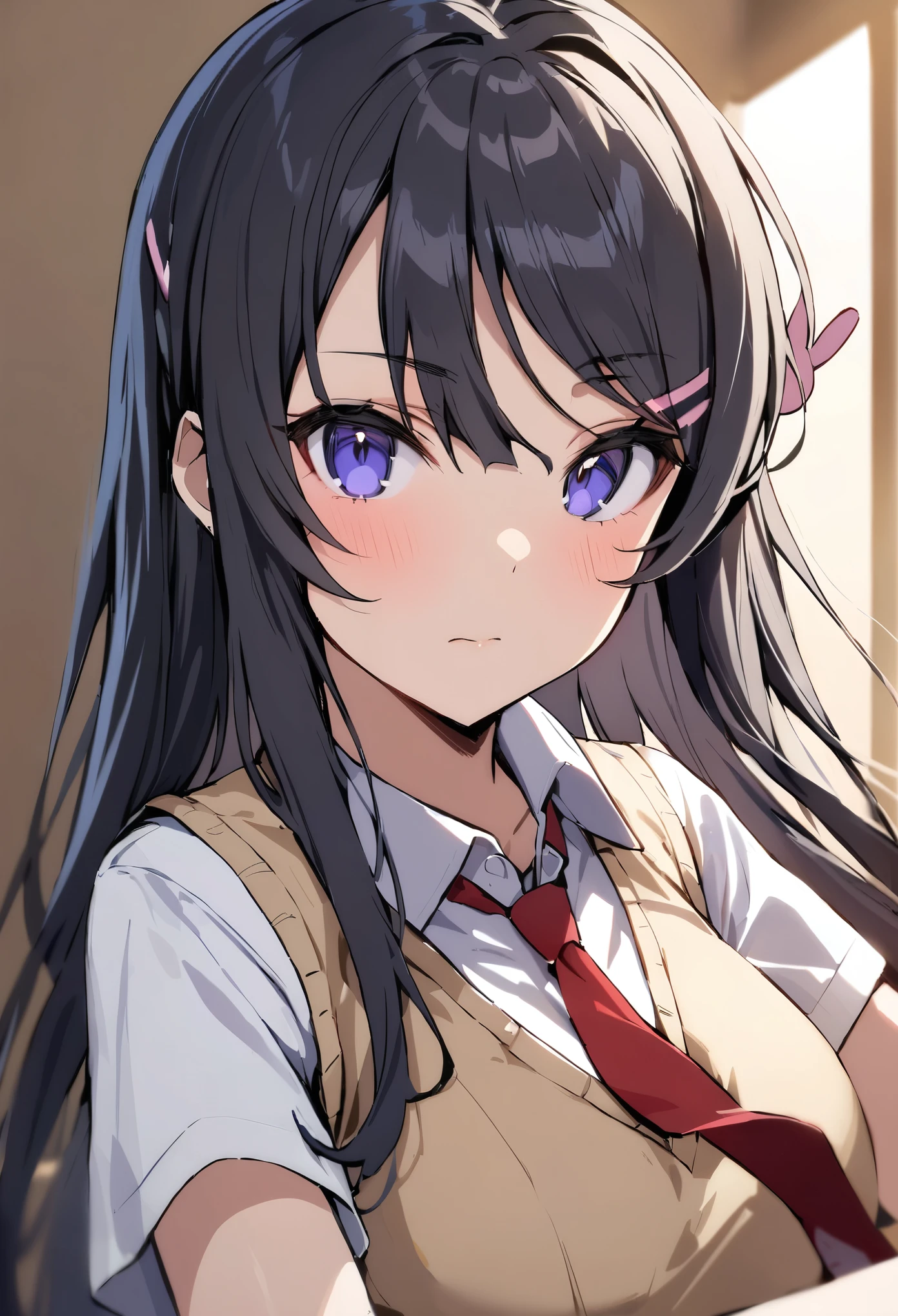 masterpiece,1girl, solo, long_hair, necktie, hair_ornament, red_necktie, looking_at_viewer, hairclip, shirt, black_hair, upper_body, school_uniform, white_shirt, short_sleeves, sweater_vest, rabbit_hair_ornament, purple_eyes, collared_shirt, blue_eyes, closed_mouth, bangs