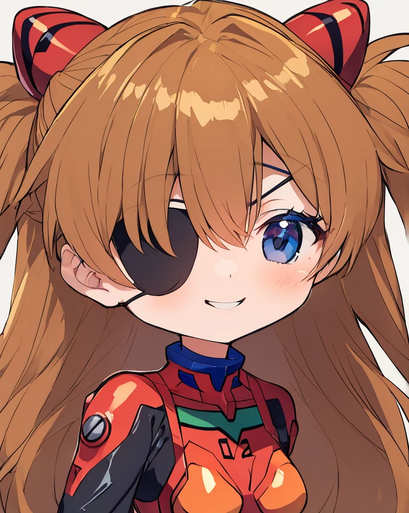 Highest quality, masterpiece,  体suit, Evangelion:_3.0_you_can_(there is no)_redo, Eye patch, white_background, 1人of女of子, Rebuild_of_Evangelion, hair_ornament, red_体suit, alone,neon_Genesis_Evangelion, Kanron_Asuka_Langley, Simple_background, covered_clavicle, two_~ ~ side_Excellent, Plug Suit, smile, 
