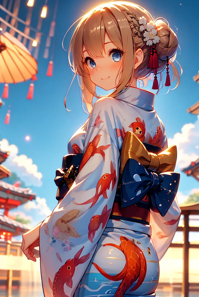 female, glad, smiling, standing, looking away, looking up, hair bun, shiny hair, blonde, blue eyes, fair skin, shiny skin, slender, yukata, adult, in the Japanese festival, with fireworks, at night, anime, cowboy shot, back shot, dutch angle shot, cowboy shot, moonlight, depth of field,