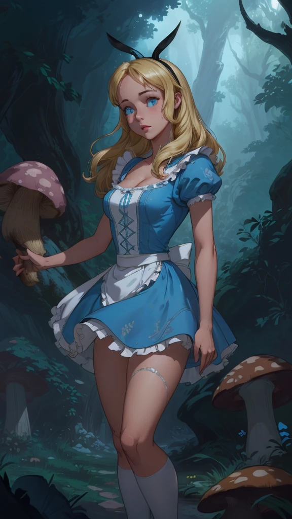 (La mejor calidad,A high resolution,Ultra - detallado,actual),Alice Wonderland, vestido corto azul, medias white muslo, cabello largo amarillo, ,(Fondo de ruinas de mazmorra en ruinas bosque tenebroso cyberpunk :1.4 ), More detailed 8K.motor irreal:1.4,UHD,La mejor calidad:1.4, fotorrealista:1.4, textura de la piel:1.4, obra maestra:1.8,obra-prima, mejor calidad,objeto Objeto], (detailed face features:1.3),(Las proporciones correctas),  (pose vaquero),( Alice Wonderland:1.4), (Alice Wonderland V2.1), (perfect anatomy :1.4),( no mutaciones), (Alice Liddell Disney:1.4), (dynamic cowboy pose), (face detailed :1.4), (mostrando panties),(white stockings and suspenders), (cinematic lighting :1.4), score_9, score_8_up, score_7_up, score_6_up, rating_explicit, 1girl, ((18YO:1.2)), Adult, full lips, big clear eyes, blue eyes, ((blond hair:1)), (long wavy hair: 1.2),( orejas de coneja white:1.4 ), (forest background big trees and giant mushrooms neon :1.4), (skirt lifted by itself: 1.1), (skirt lift: 1.3), (showing white panties: 1.3),score_9, score_8_up, score_7_up, score_6_up, rating_explicit, 1girl, ((18YO:1.2)), Adult, full lips, big clear eyes,  blue eyes, ((blond hair:1)), (long wavy hair: 1.2),(face detailed V2.1) 