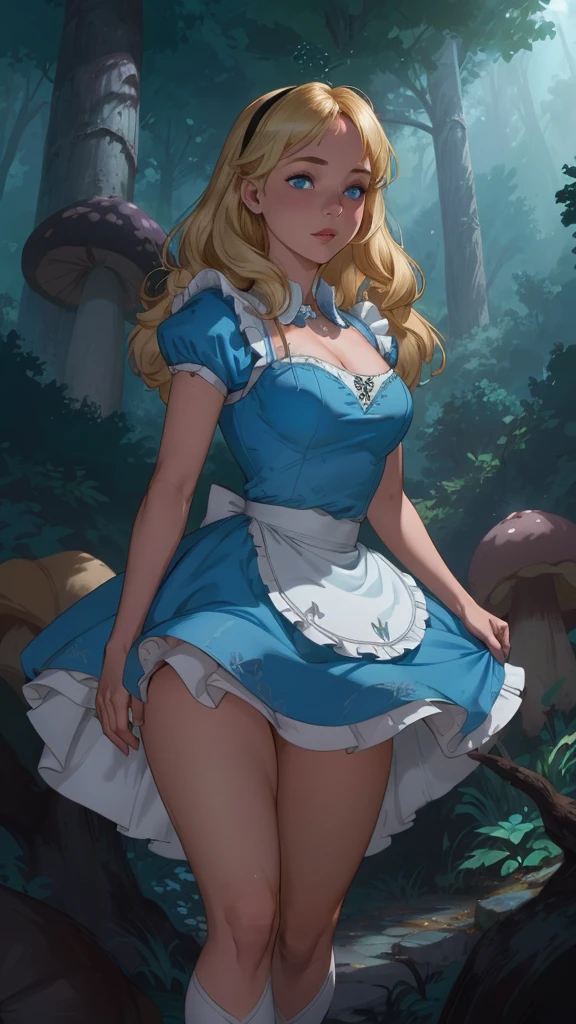 a beautiful 20 year old blonde woman with big messy hair in a blue dress, white stockings, black headband, cleavage, bending over to grab a glowing mushroom off the grassy forest floor, back shot, booty, fantasy art style, rossdraws cartoon vibrant, alice x. zhang, alice in wonderland cyberpunk, cute detailed digital art, colorfull digital fantasy art, digital fantasy art ), glossy digital painting, rossdraws pastel vibrant, rossdraws 2. 5, rossdraws 1. 0