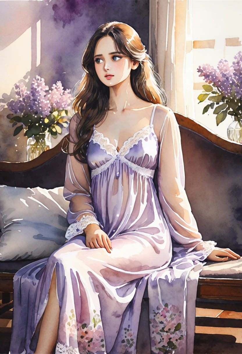 soft expression, long wavy hair, lilac silk and lace nightgown, delicate and sheer, sitting on a cushioned bench, holding a strap, looking into the distance, fair smooth skin, indoor, elegant and soft decor with flowers, warm ambient lighting, light coming from the front left, gentle shadows, serene and delicate atmosphere, low angle, shallow depth of field, properly exposed,(((Watercolor))))