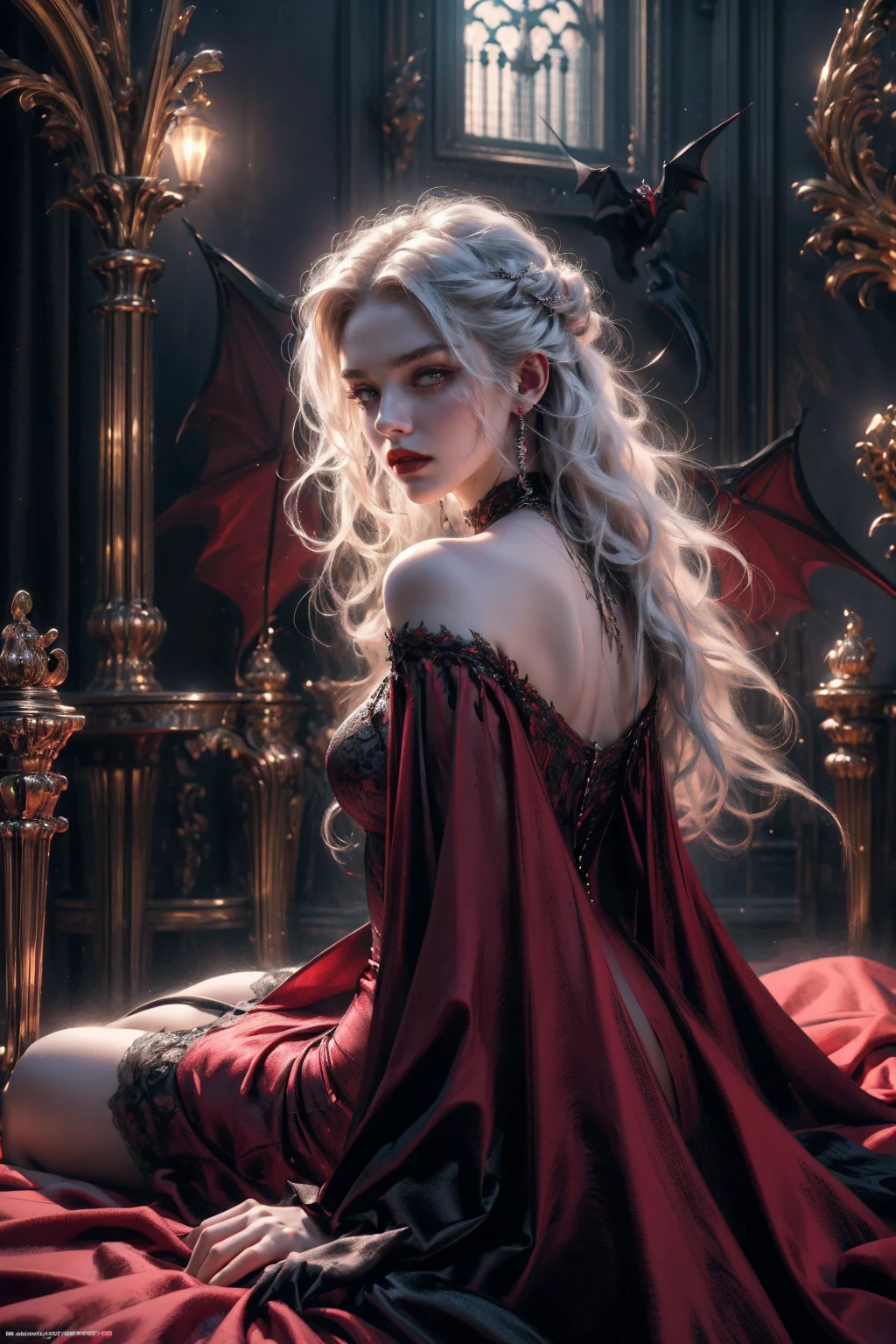 (beautiful vampire woman, pale skin, very long white hair, red eyes, black gown, black victorian dress, piercing look, red lipstick, laying on the bed, 4k, 8k, highres, masterpiece:1.2, ultra-detailed, realistic, photorealistic:1.37, HDR, UHD, studio lighting, ultra-fine painting, sharp focus, physically-based rendering, extreme detail description, professional, vivid colors, bokeh, portraits)