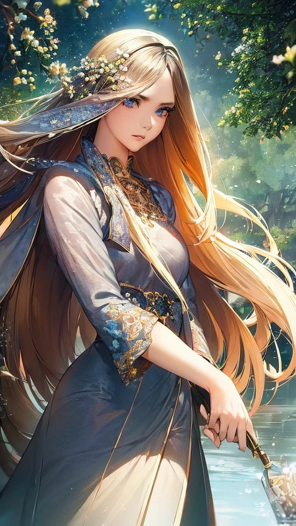 a girl with long hair flowing in the wind, beautiful detailed eyes, beautiful detailed lips, extremely detailed face, longeyelashes, serene expression, outdoors, wind blowing, natural lighting, cinematic, fantasy, dreamlike, vibrant colors, warm color palette, highly detailed, 8k, hyper realistic, masterpiece, concept art