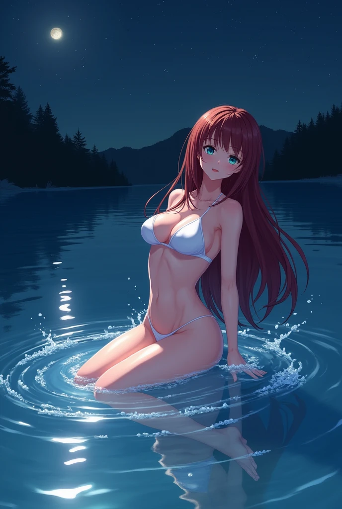 1 girl, small breasts, spread legs, pale skin, icy girl, red hair, curvy shapes, sexy pose, shows ass, anime girl lying in water, large amount of white viscous liquid, without clothes, open vagina, caressing herself