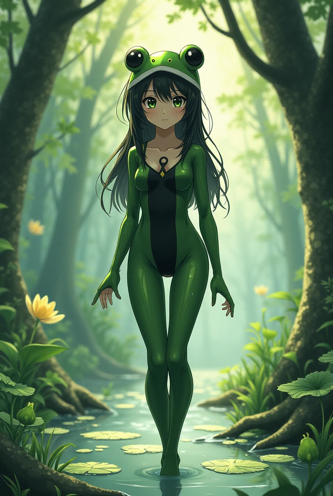 A girl in frog costume lounging in a lighthearted swamp lake, fireflies wandering, tall trees. Anime, extreme reflective, Artstation trending, masterpiece, by hryarklin.