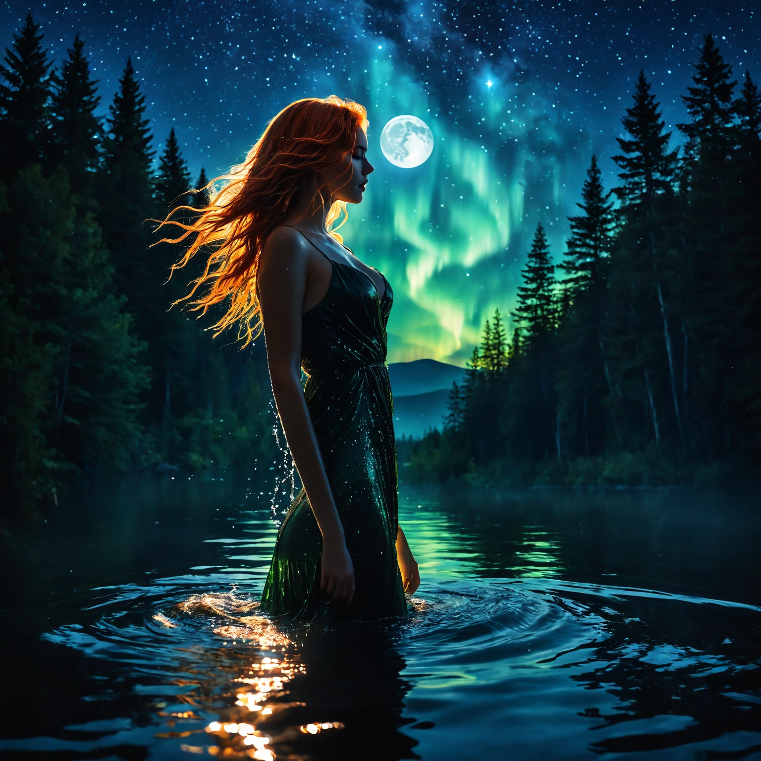 1 girl, alone, silhouette of a woman bathing in a lake at night, semi-submerged. sensual body, silhouette. at night, northern lights. fantasy forest, moonlight, starry sky, the moon reflects on the lake. lake shines by the moonlight. The woman has a seductive body. Bathing, Wet, wet hair, long hair, orange hair, wet white dress, wet dress. dark silhouette, dynamic contrast. firefly lights beautiful landscape at night. super dark body silhouette. curvy body.