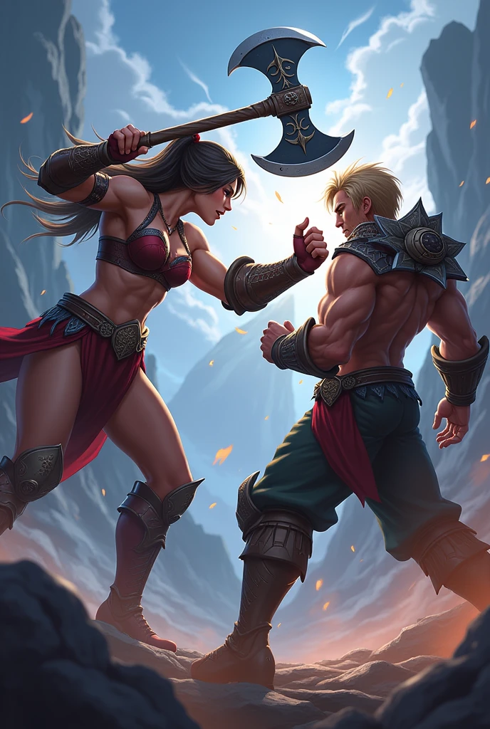 (Photorealism:1.2), mobile legends guard giving her axe of dota, axe dodging his fists and covering himself with his axe, both screaming epically.