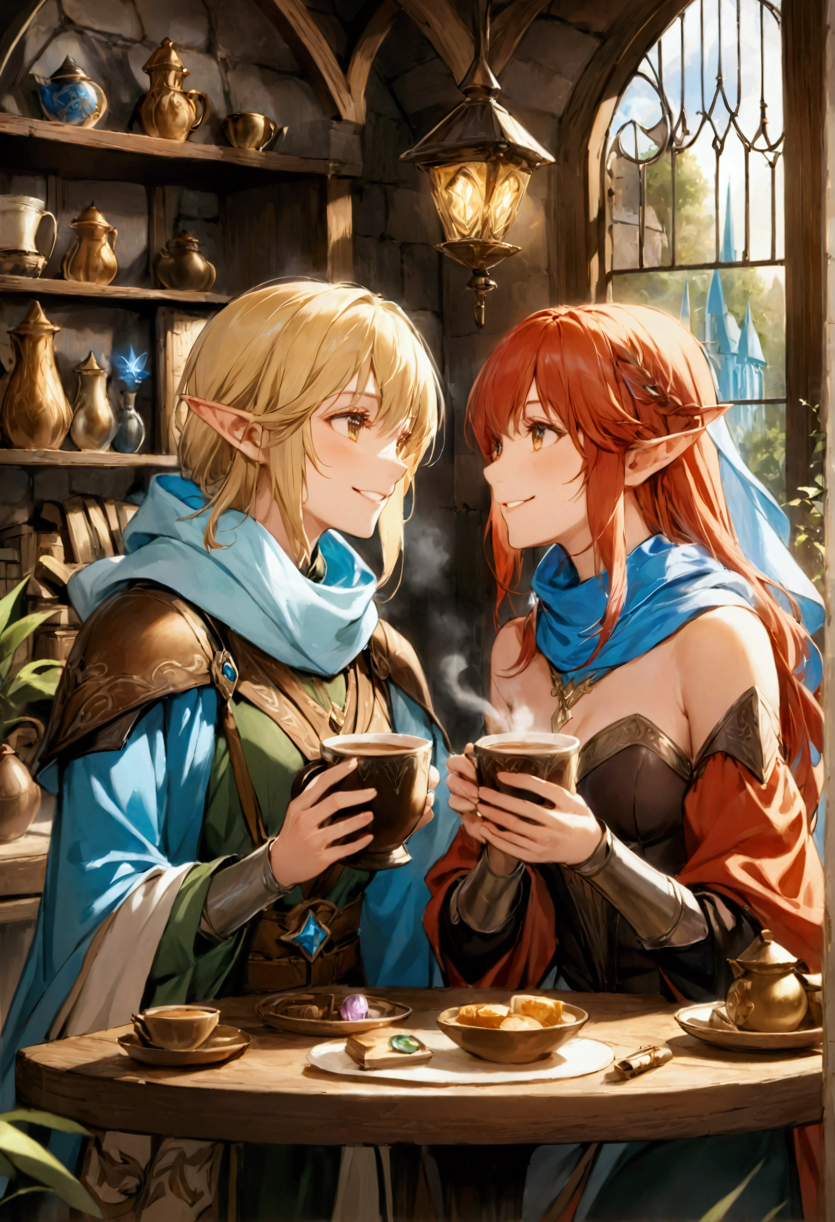 An award-winning high-fidelity anime fantasy image, capturing a cozy, medieval-themed coffee shop where a blonde elven priest and a red-haired elven rogue share a moment of lighthearted laughter over steaming cups of coffee. The shop’s interior radiates warmth, with stone walls and wooden beams bathed in the soft glow of enchanted lanterns. Rich tapestries depicting mythical creatures hang from the walls, and the tables are adorned with magical trinkets and ancient scrolls, infusing the space with a mystical, medieval atmosphere.

The blonde elven priest, in elegant robes adorned with glowing runes, smiles warmly as she holds her cup, the steam rising gently. Across from her, the red-haired elven rogue, wearing light leather armor, leans back with a mischievous grin, clearly enjoying the lighthearted moment. Their laughter, caught mid-conversation, adds a lively energy to the serene setting.

Through large, arched windows, a distant fantasy kingdom with towering castles can be seen under a starry sky. Subtle God Rays stream through the evening clouds, casting a soft ethereal glow into the room. The flickering hearth provides warm light, blending seamlessly with the cool night outside, creating a perfect balance of comfort and magic.

The décor, with mystical symbols etched into the walls and enchanted relics on shelves, enhances the fantasy vibe. A Tyndall effect from the lantern light adds depth, while a gentle bloom effect and specular highlights catch on the wooden surfaces and rising steam, giving the scene a magical realism that captures the joy and enchantment of this shared moment between two elven companions.