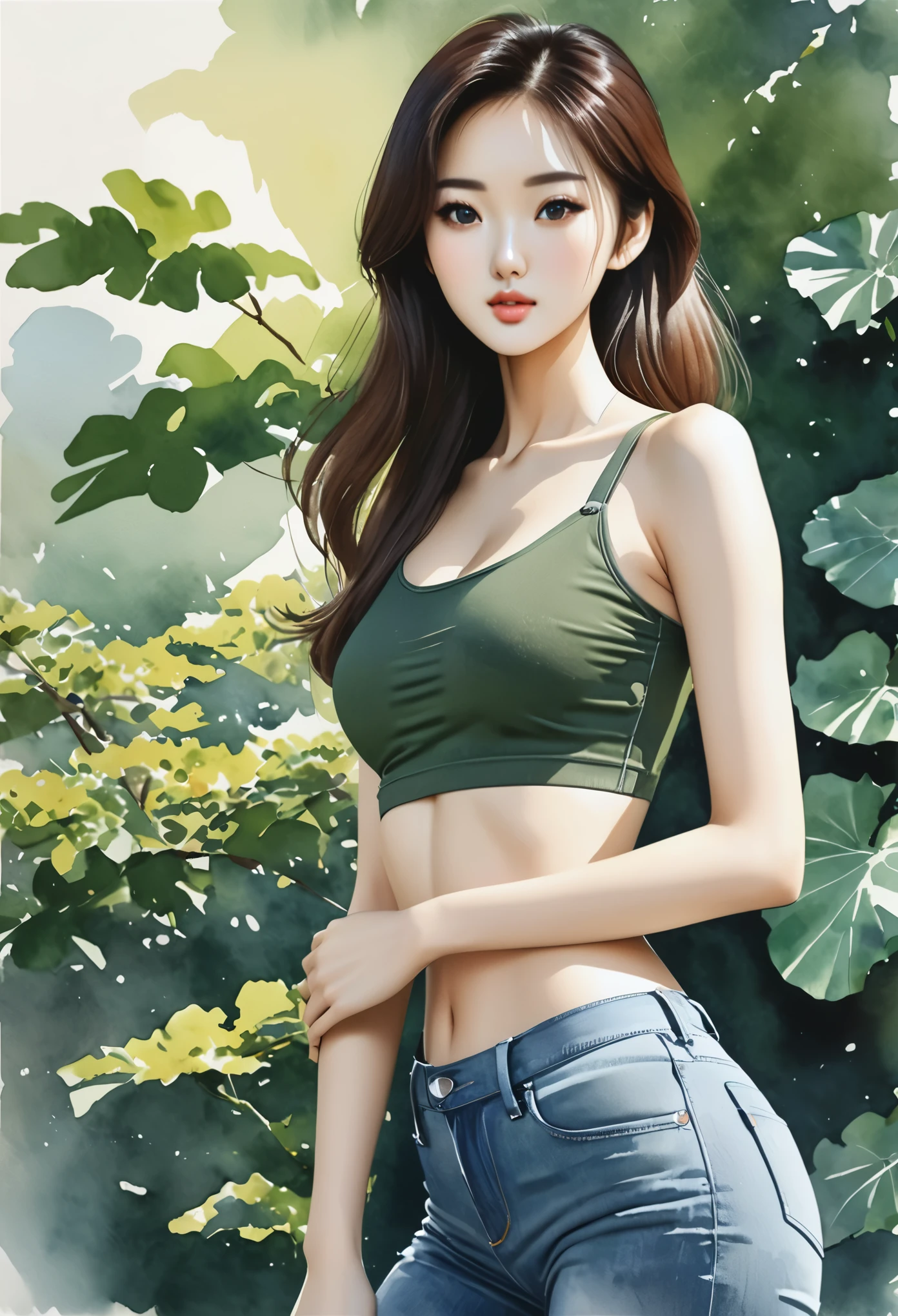 araffe asian woman in a green top and jeans posing for a picture, a picture inspired by Wang Meng, tumblr, fantastic realism, gorgeous chinese model, close up to a skinny, 2  female model, sexy body, tall thin beautiful goddess, sexy hot body, korean girl, soft curvy shape, brown hair and a perfect body,(((Watercolor))))