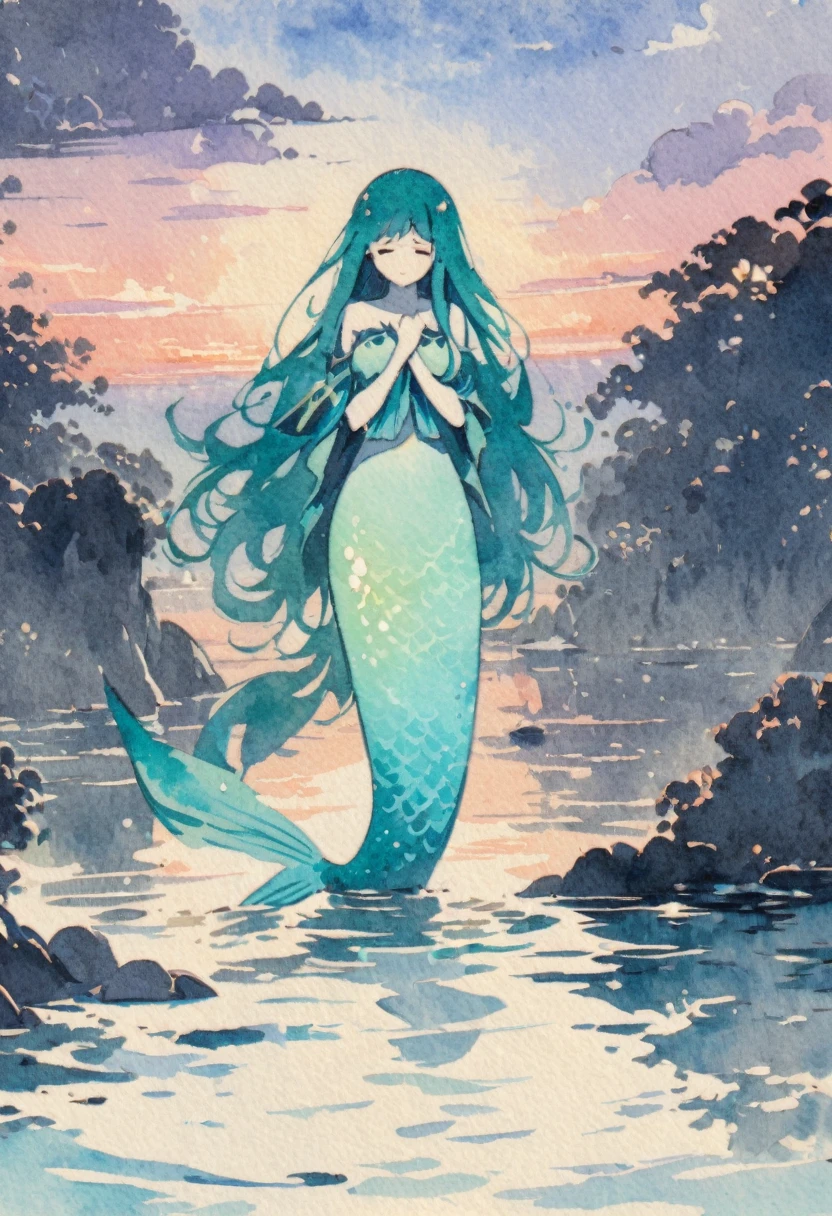 a mermaid ,sad expressive , very long hair lagoon color ,armed with a bow, in the center of a lake, twilight god ray in the clouds in background, detail richness, masterpiece, best quality , traditional painting style, watercolor painting