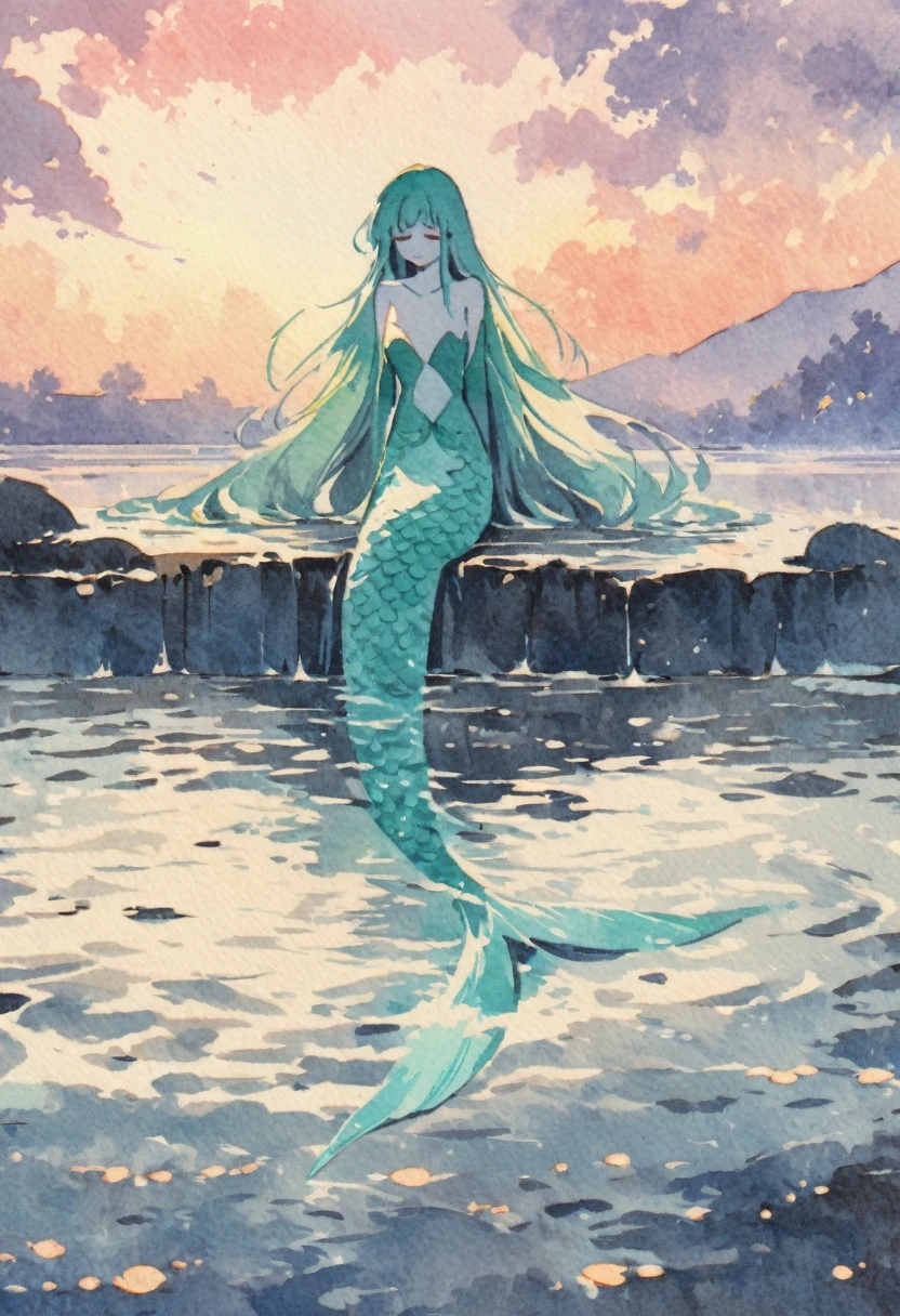 a mermaid ,sad expressive , very long hair lagoon color ,armed with a bow, in the center of a lake, twilight god ray in the clouds in background, detail richness, masterpiece, best quality , traditional painting style, watercolor painting