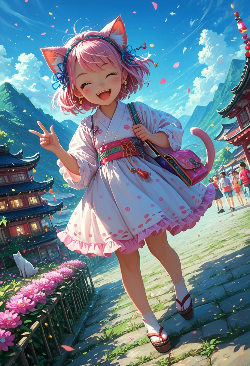 Very detailed, 8k, landscape, Cat, Concept Art, No humans, Happy, Wink, Remember, Gradient pink background, At the festival of Japan, cute, Concept Art, Full Body Shot, Dynamic Angle, Pink and white、Chibi Anime