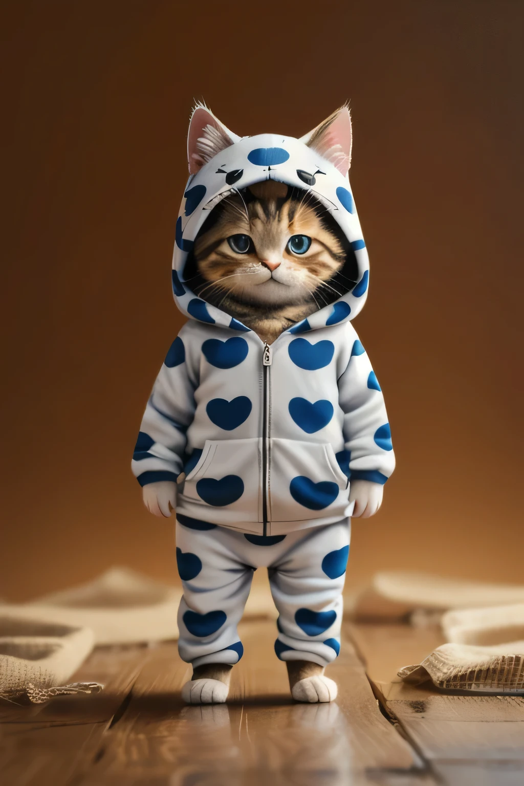 high quality、4K、Kitten in skeleton pajamas、Are standing、laughing、Wearing a hood