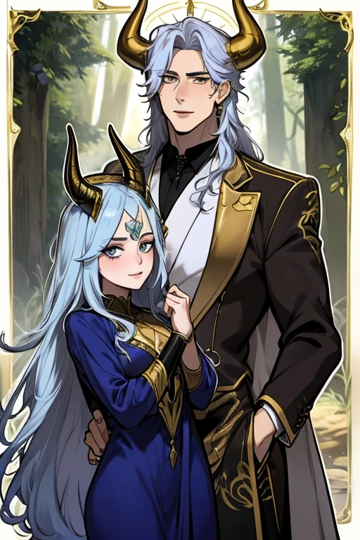 One man. One woman. Perfect faces. Perfect hands. A young silver haired man with gold eyes and gold horns in a fancy suit is posing with a teal haired woman with golden eyes and golden horns and an hourglass figure wearing a golden gown in a creepy forest with big smiles