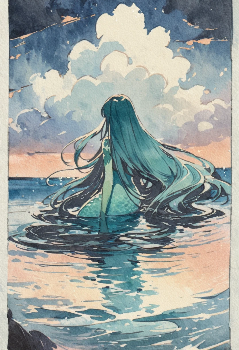 a mermaid ,sad expressive , very long hair lagoon color ,armed with a bow, in the center of a lake, twilight god ray in the clouds in background, detail richness, masterpiece, best quality , traditional painting style, watercolor painting, Major Arcana Tarot Card style