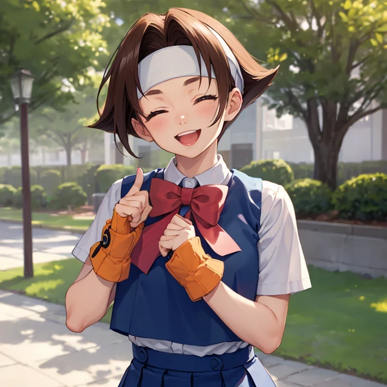 masterpiece, best quality, wakabahinata, headband, white shirt, bow, blue vest, pleated skirt, fingerless gloves, upper body, looking at viewer, school, outdoors,(smile, happy laughing, laughing out loud, smile with eye closed, on),furrowed brow, hands to hips 