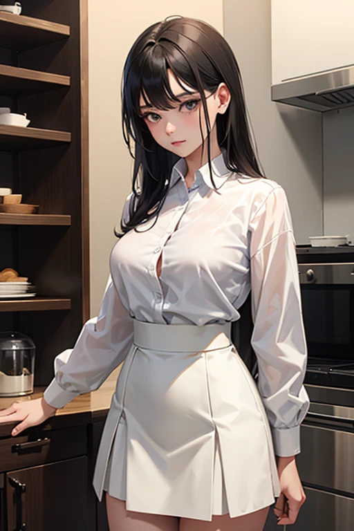 A girl with a perfect body dressed in a white shirt and a black skirt touching one of her breasts 