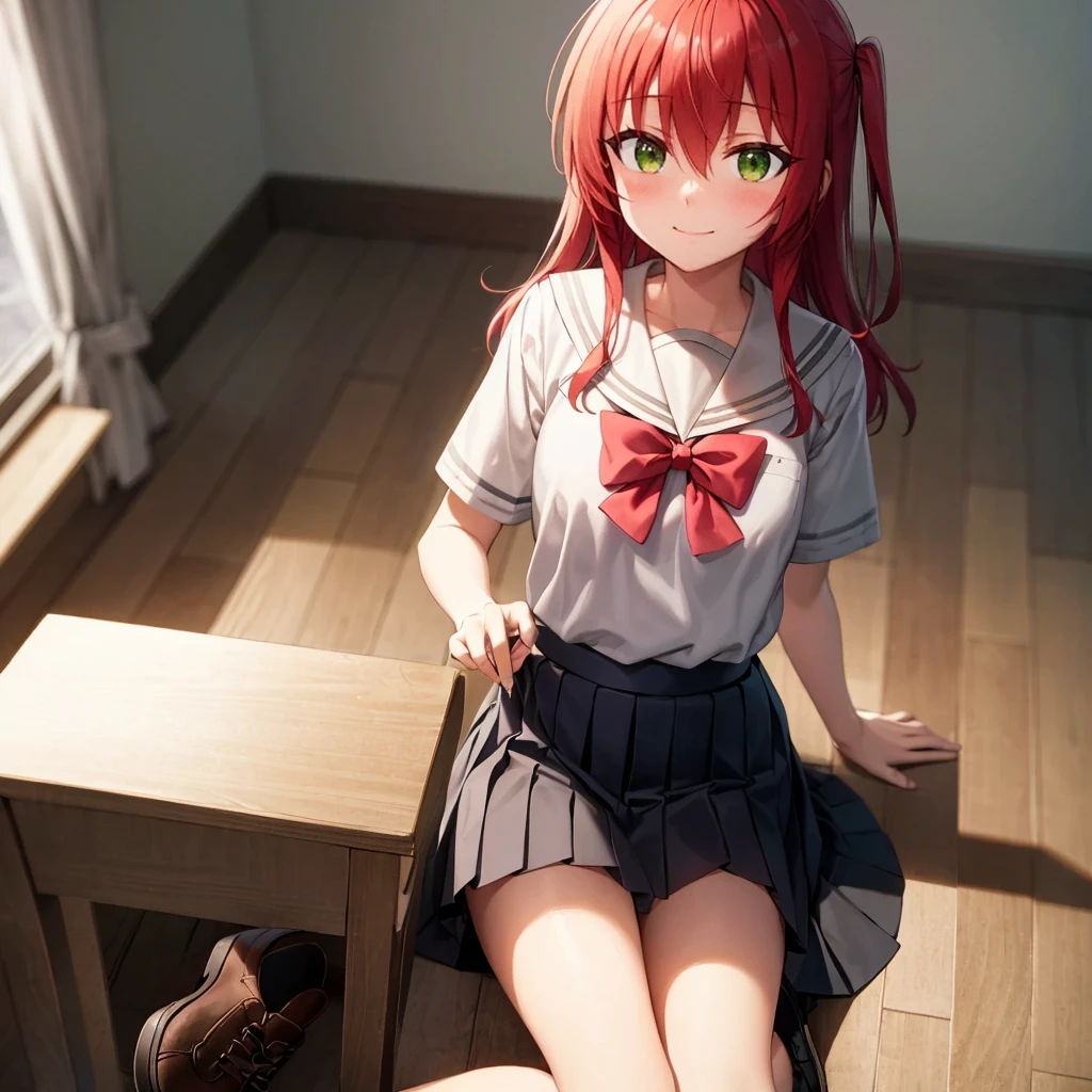 red_hair, long_hair, bangs, hair_between_eyes, one_Side_up, green_eyes, smile, black footwear, black skirt, grey sailor collar, pleated skirt, sailor collar, school uniform, shoes, short sleeves, shuka high school uniform, skirt, Stand on all fours, Ahegao, panties, String, секси String, Background Room, , View from above