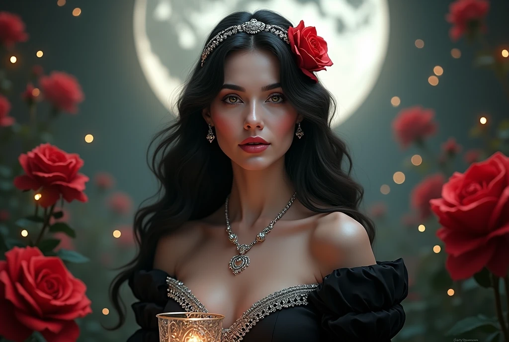 Wearing a black dress,Arad woman wearing a red flower crown, detailed matte fantasy portrait, hyper-detailed fantasy character, cinematic goddess close shot, cgsociety 8k, cgsociety 8 k, cgsociety 8k, stunning cgsociety, cgsociety contest winner, Fantasy art Behance, intricate wlop, cgsociety contest winner!!, CGSesociety )