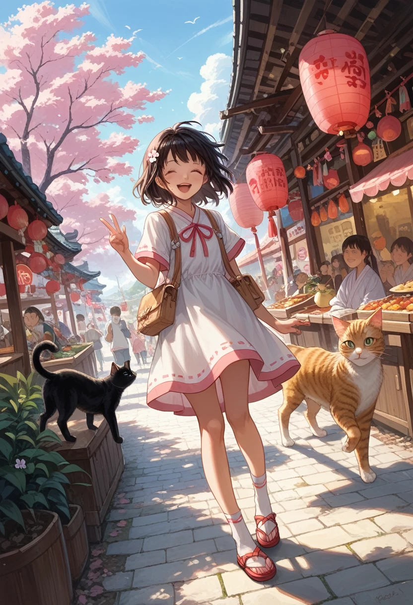 Very detailed, 8k, landscape, Cat, Ukiyo-e, No humans, Happy, Wink, Remember, Gradient pink background, At the festival of Japan, cute,anime, Full Body Shot, Dynamic Angle, Pink and white、ちびanime